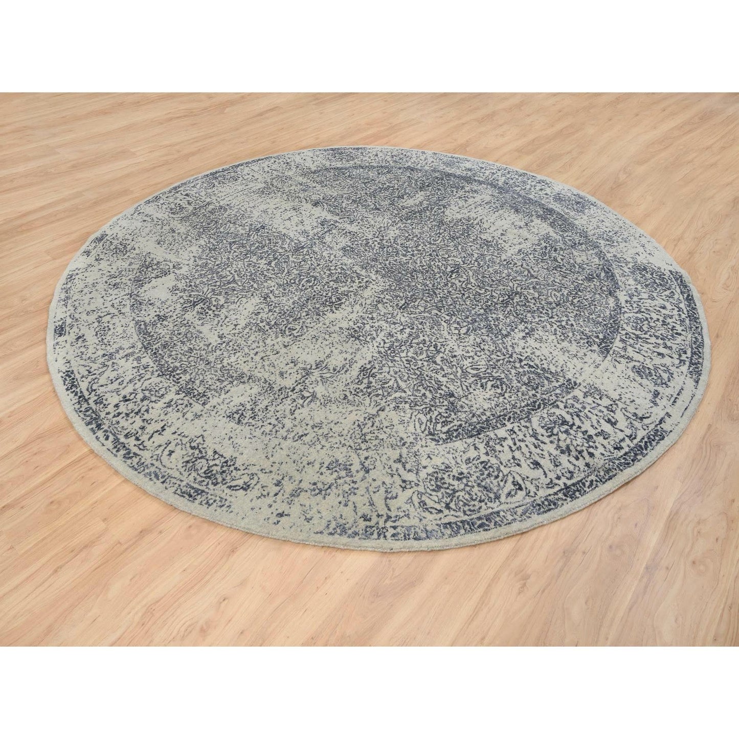 10'X10' Gray Fine Jacquard Wool And Silk Hand Loomed Round Rug