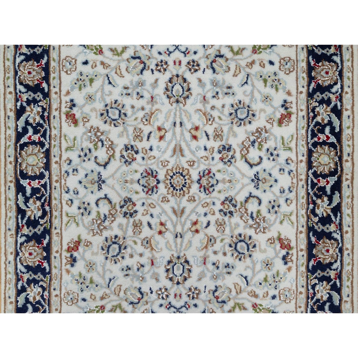 2'8"X14' White Nain Flower Design Wool And Silk Hand Knotted Runner Rug