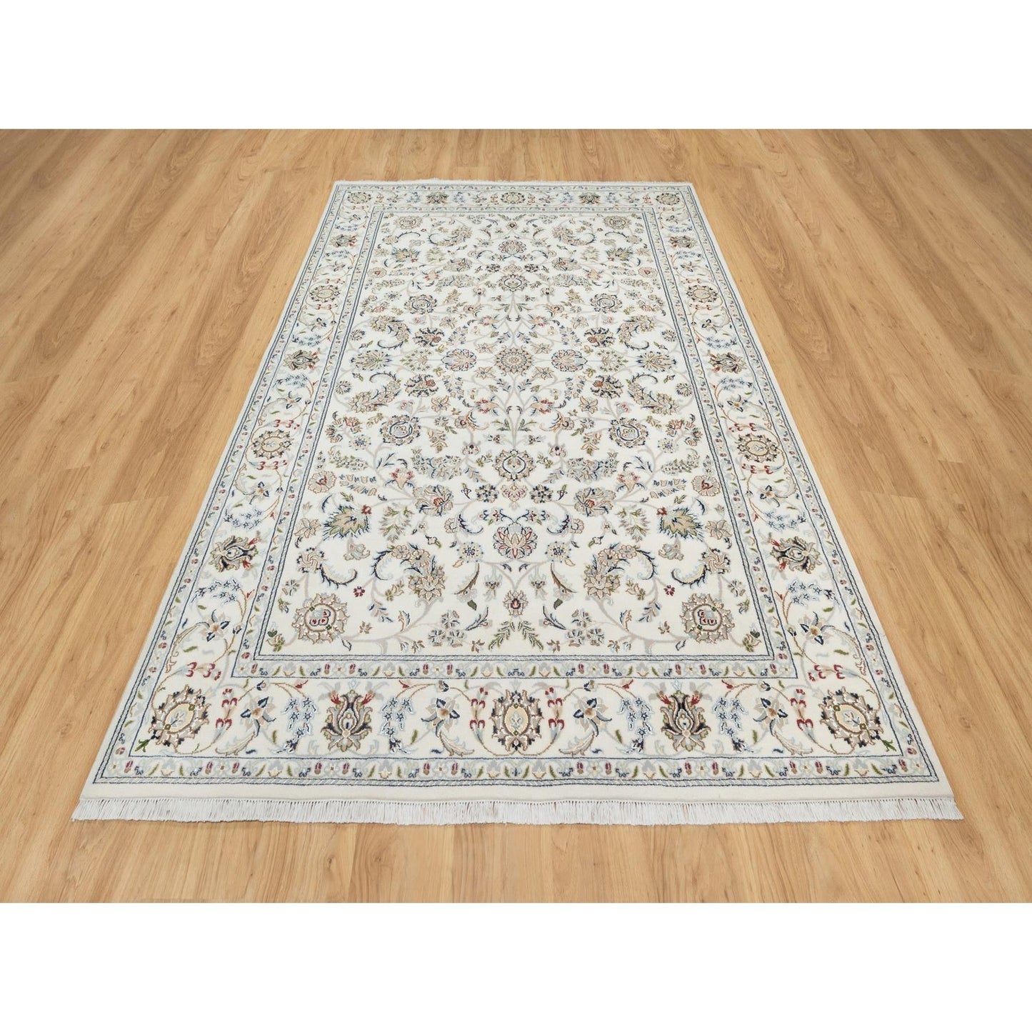 5'10"X9'1" Natural White Hand Knotted Nain 250 Kpsi Wool And Silk Rug
