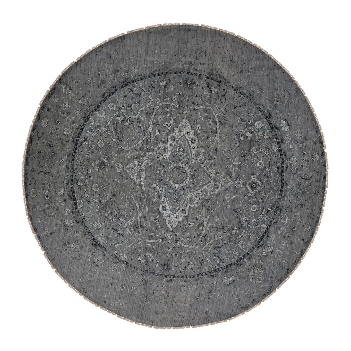 12'X12' Gray Broken Zoroastrian Design Silk/Wool Hand Knotted Round Rug