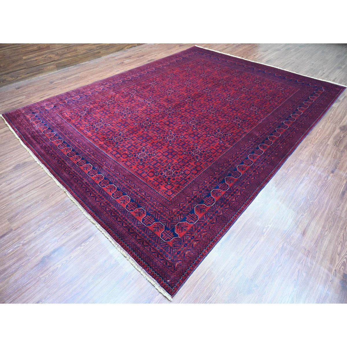 9'9"X13' Deep Red Afghan Khamyab Star Design Hand Knotted 100% Wool Rug