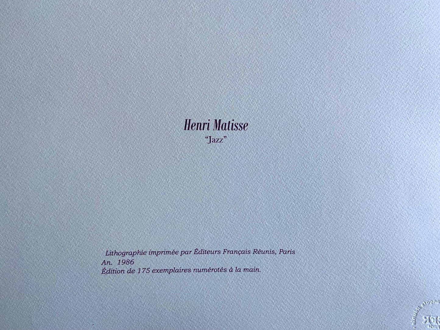 Henri Matisse Lithograph 175Ex Jazz Numbered Signed Op Stamped Certified