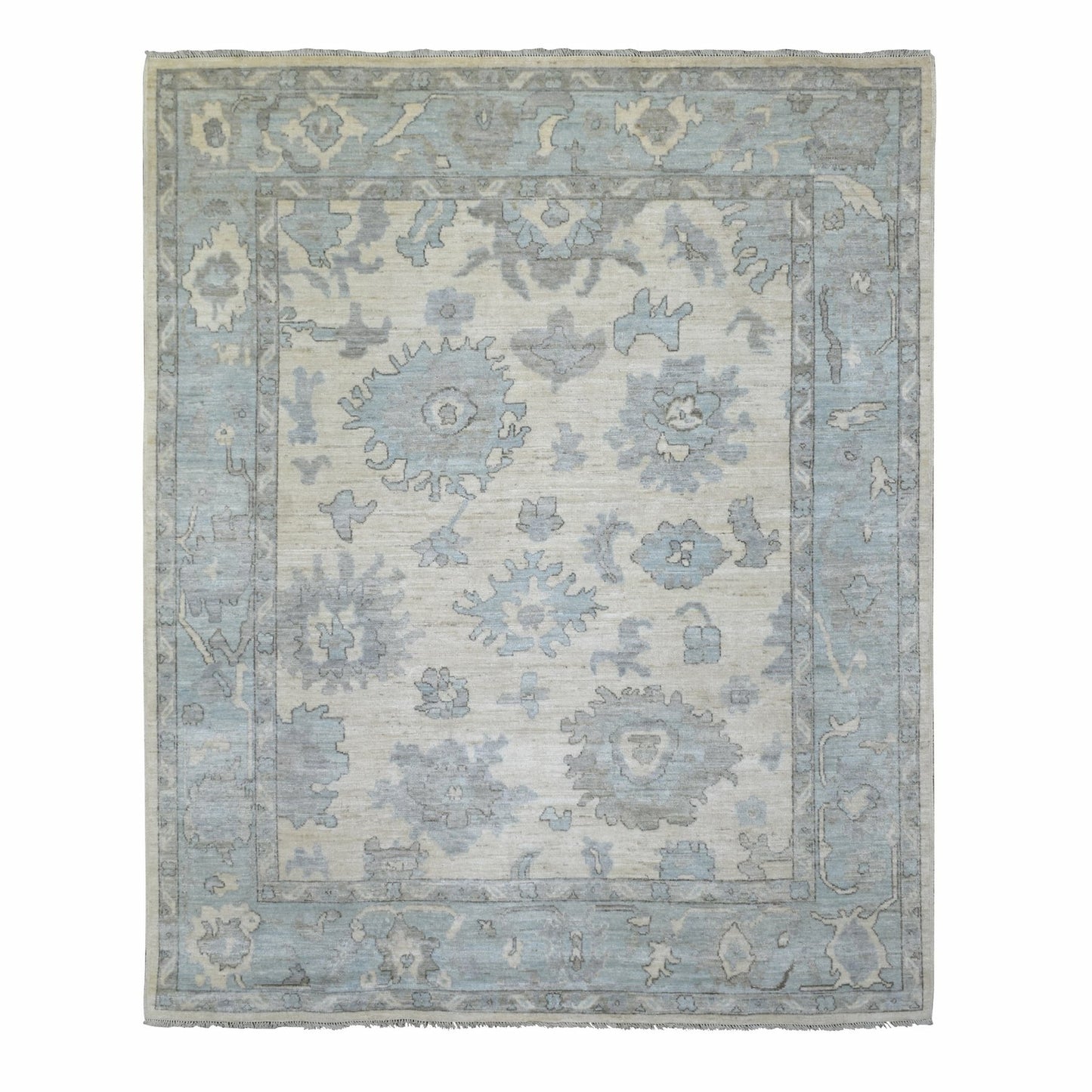 8'X9'9" Ivory Hand Knotted Afghan Angora Oushak Soft Wool Rug