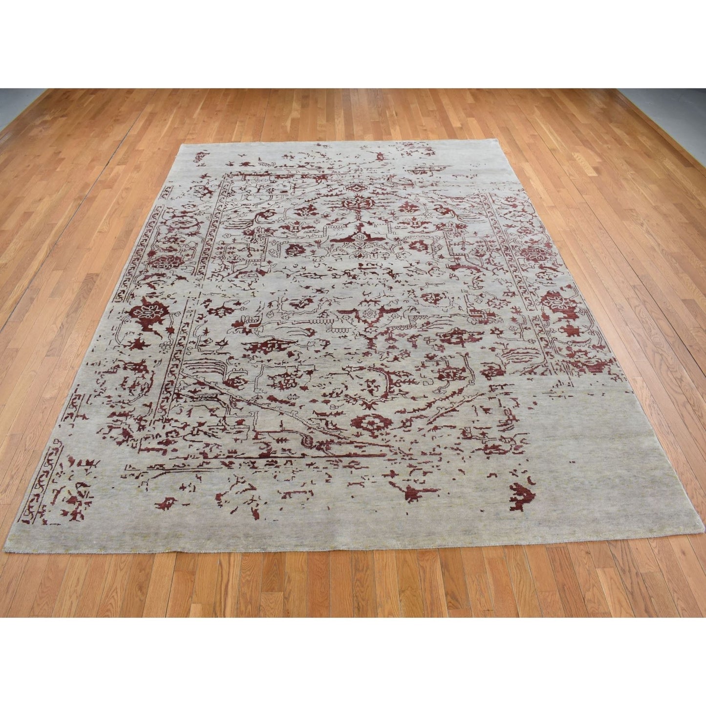 9'X11'9" Beige Broken Heris Design Wool And Silk Hand Knotted Rug