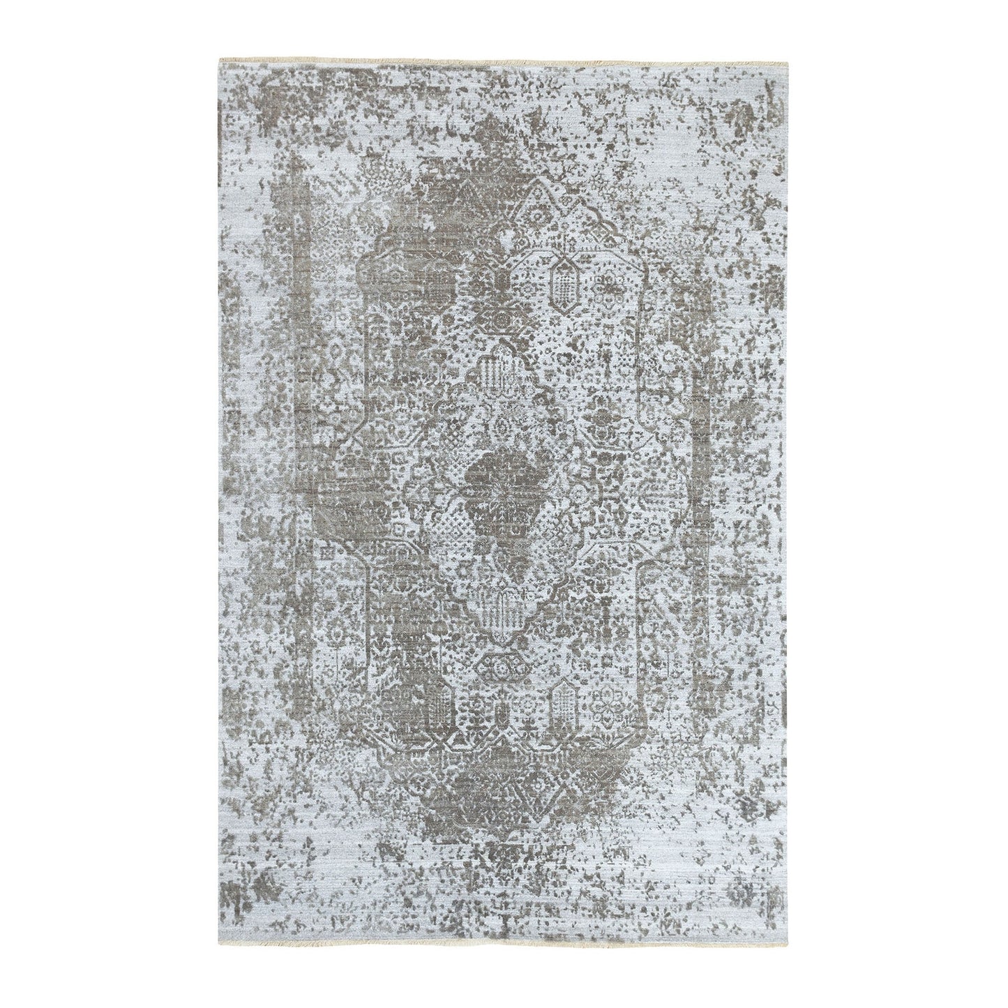 6'X9' Grey Broken Farsian Design Wool And Silk Hand Knotted Oriental Rug