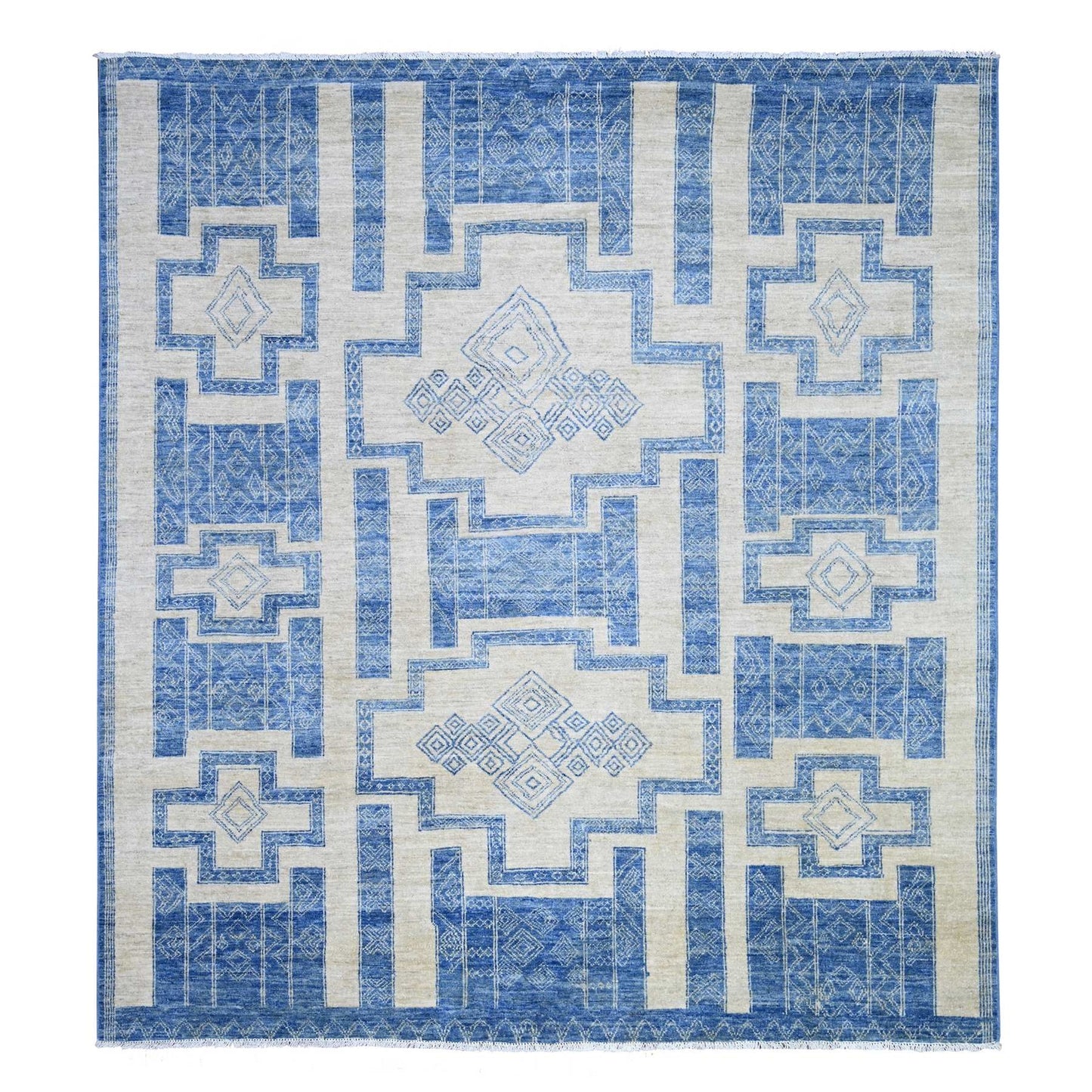 8'X9' Denim Blue Fine Peshawar Wool Hand Knotted Oriental Rug