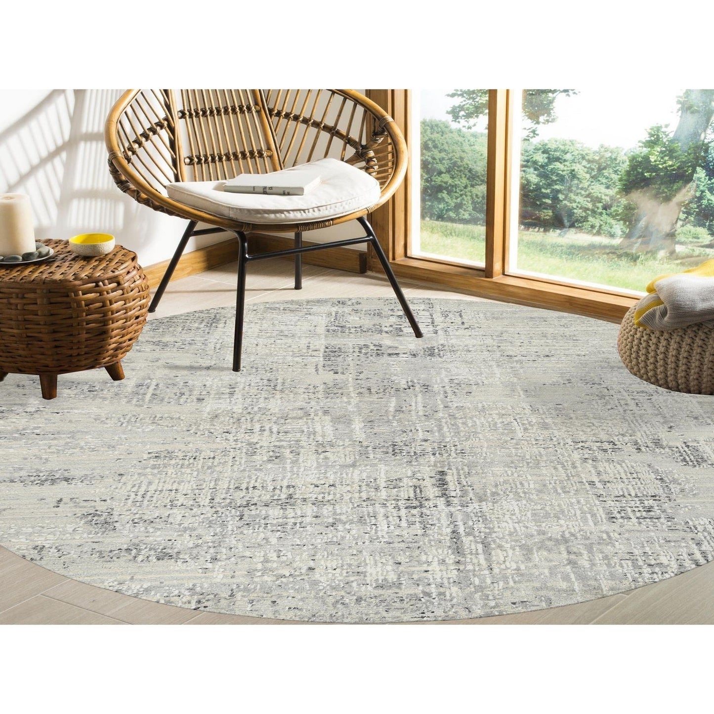 7'10"X7'10" Light Gray Wool Hand Knotted Modern Design Round Rug