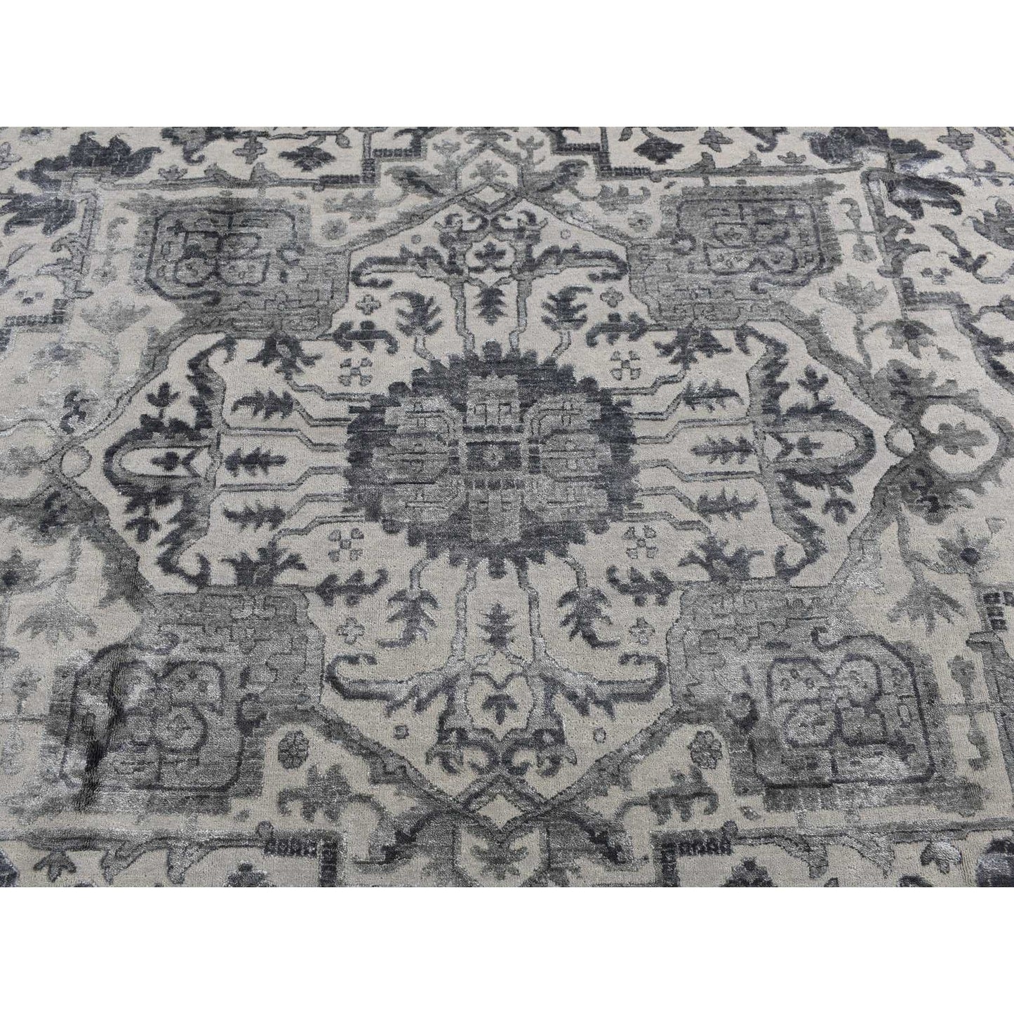 10'X10' Gray Heris Design Wool And Silk Hand Knotted Round Rug