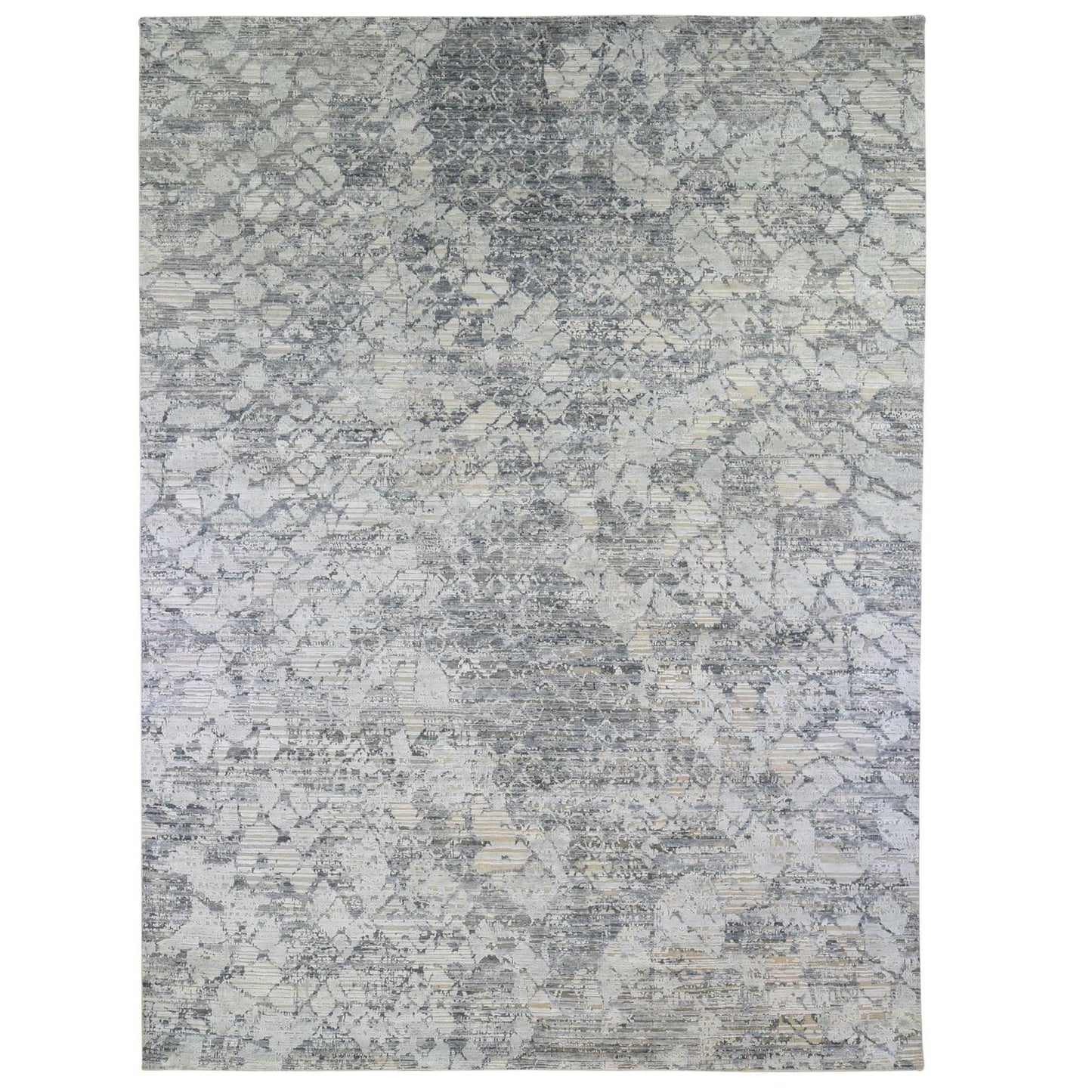 10'1"X14'2" Silk And Textured Wool Gray Hand Knotted Modern Design Rug