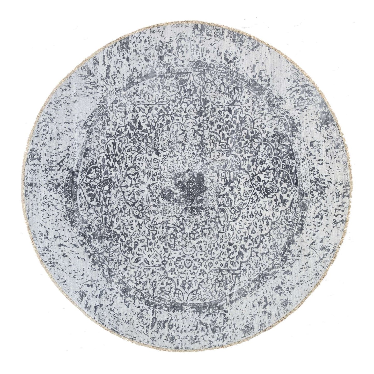 9'9"X9'9" Gray Erased Farsian Design Wool/Silk Hand Knotted Round Rug