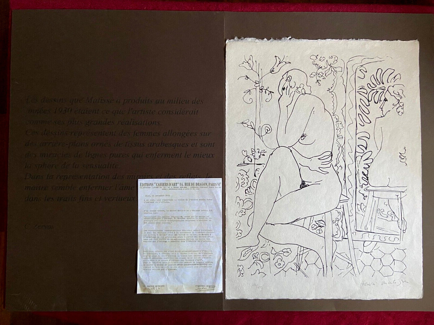 Henri, Matisse Lithograph 1960 Contract Signed Numbered Cachet