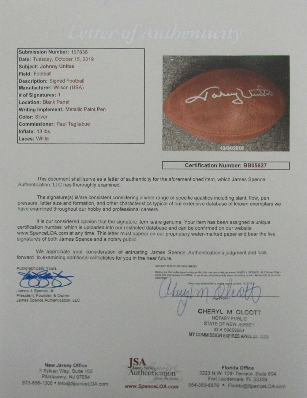 Johnny Unitas Signed/Autographed Baltimore Colts