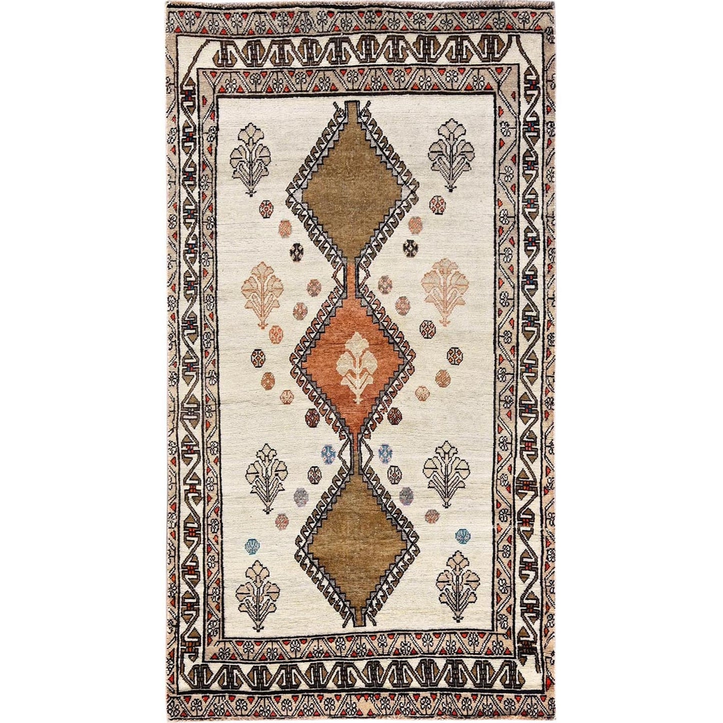 4'2"X7'8" Ivory Vintage Zoroastrian Sheeraz Hand Knotted Pure Wool Rug