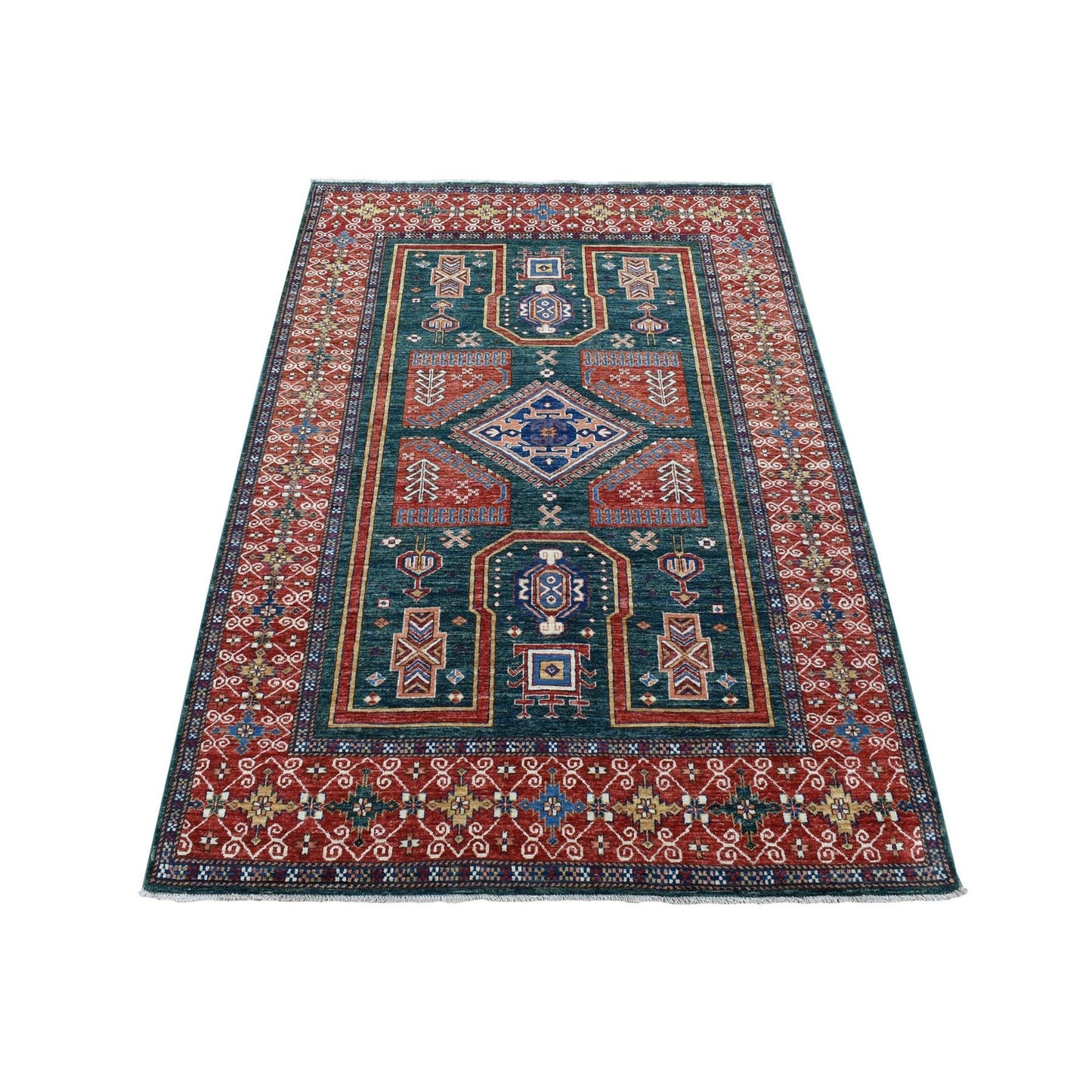 5'4"X7'9" Dark Green Afghan Super Kazak Hand Knotted Wool Oriental Rug