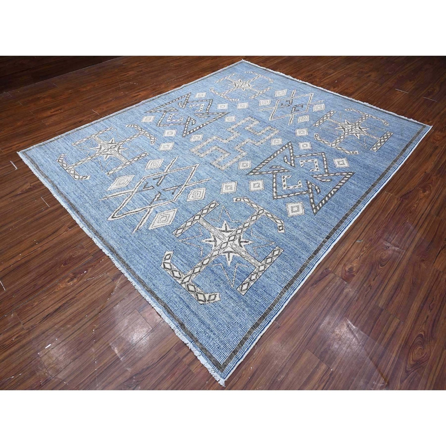 8'X9'8" Bdazzled Blue Snowflake Geometric Design Oriental Rug