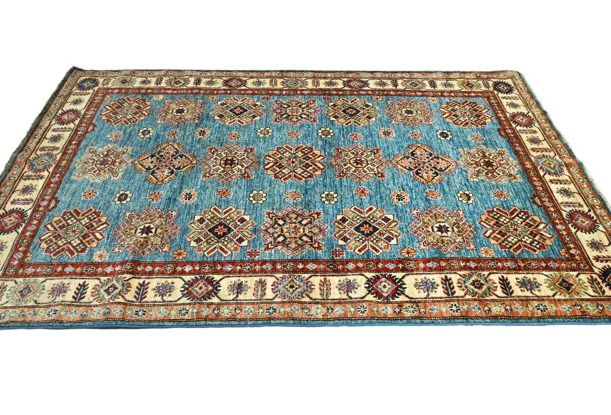 Tribal Geometric Kazak Area Rug Blue Farmho Boho