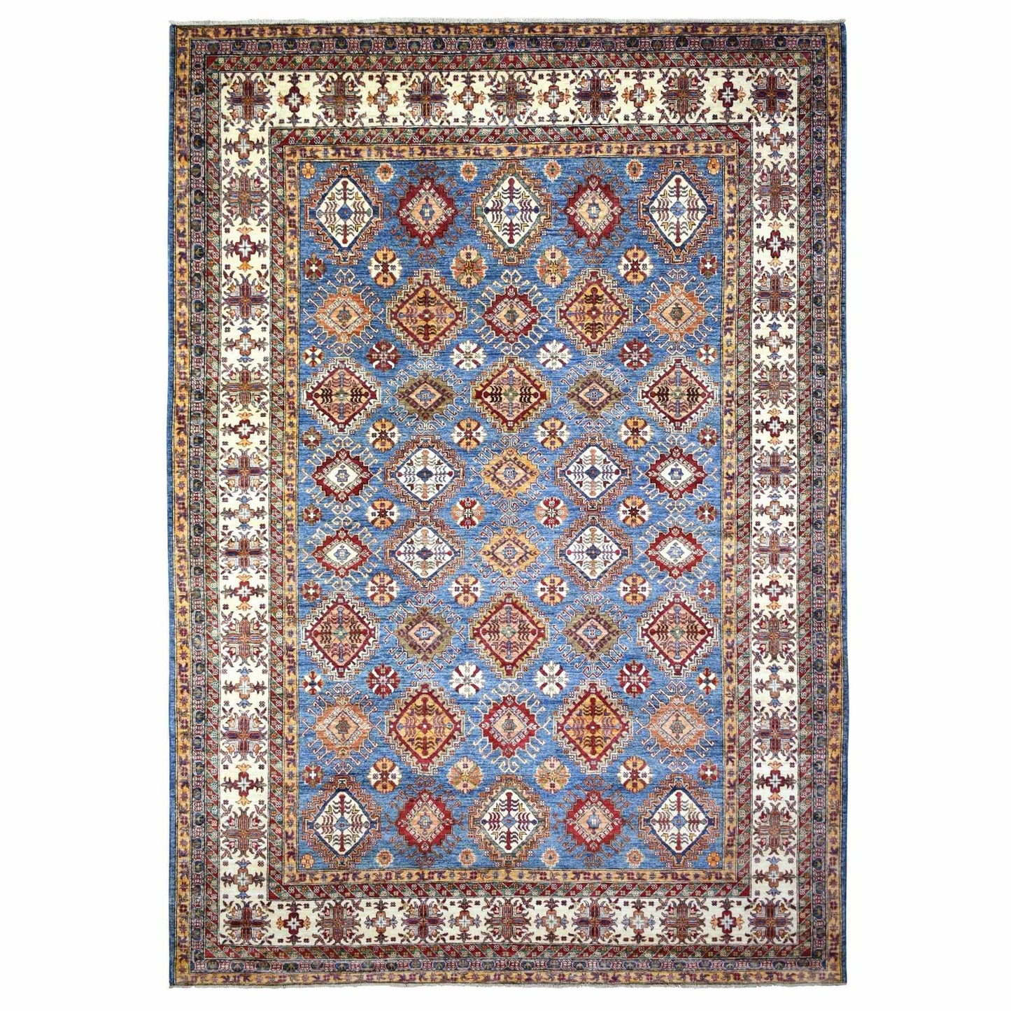 9'X12'8" Blue Caucasian Super Kazak Shiny And Soft Wool Hand Knotted Rug