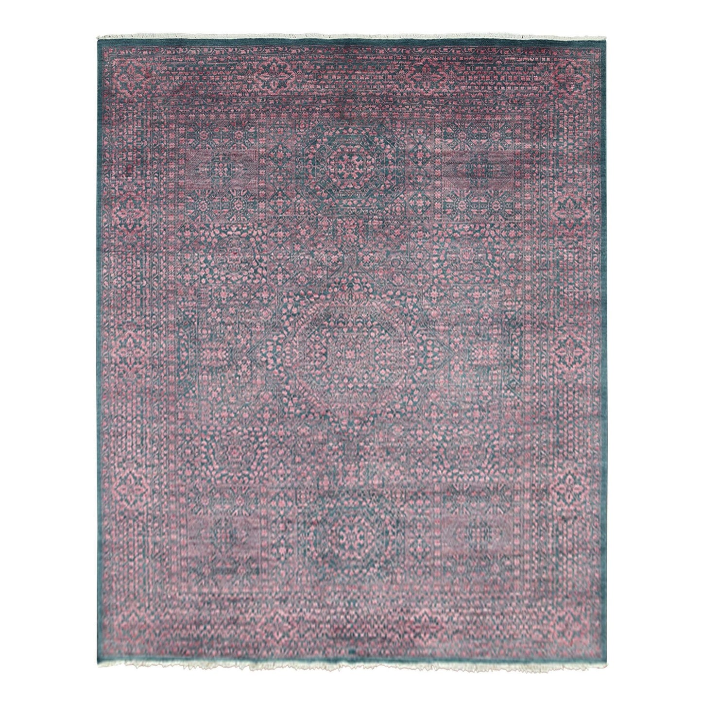 8'X9'9" Dark Green Obscured Mamluk Design Wool And Silk Hand Knotted Rug