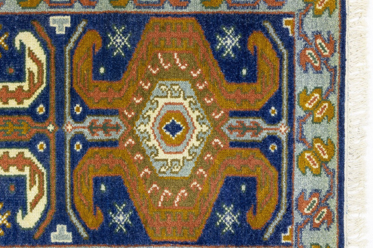Navy Blue Geometric Tribal Kazak Rug Wool