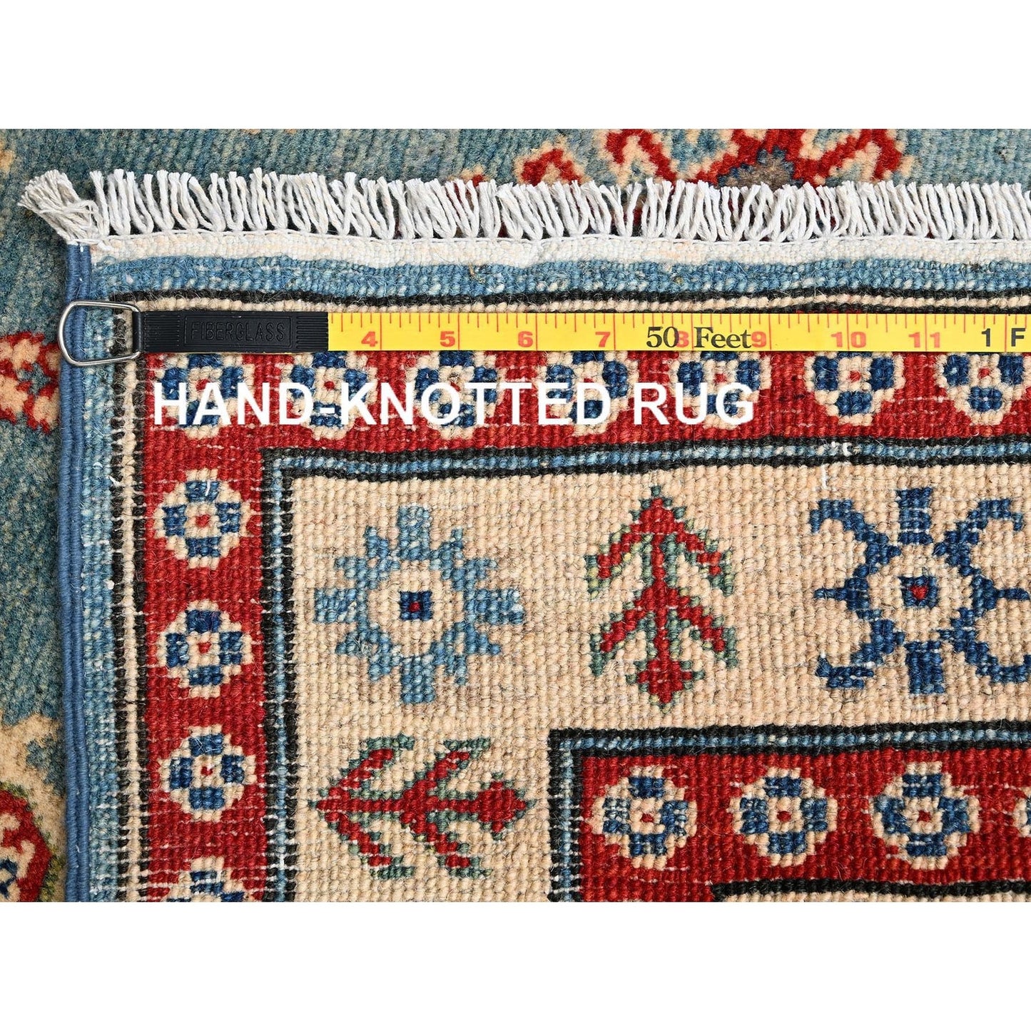 2'10"X13'5" Blue Kazak With Geometric Design Hand Knotted Rug Wool Runner