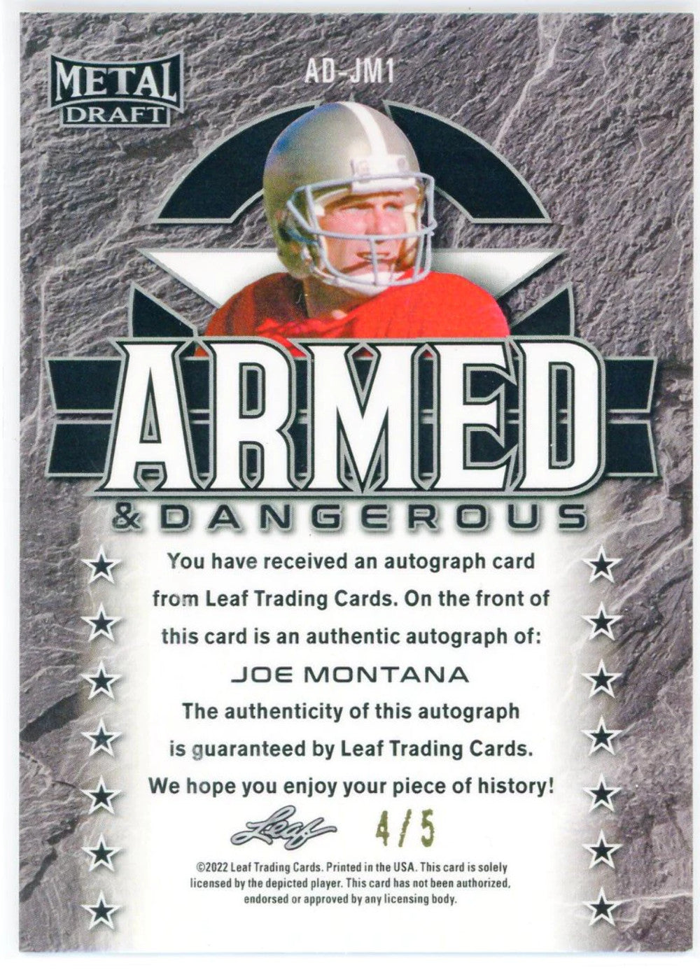 Joe Montana Autographed 2022 Leaf Metal Draft Card #Ad-Jm1