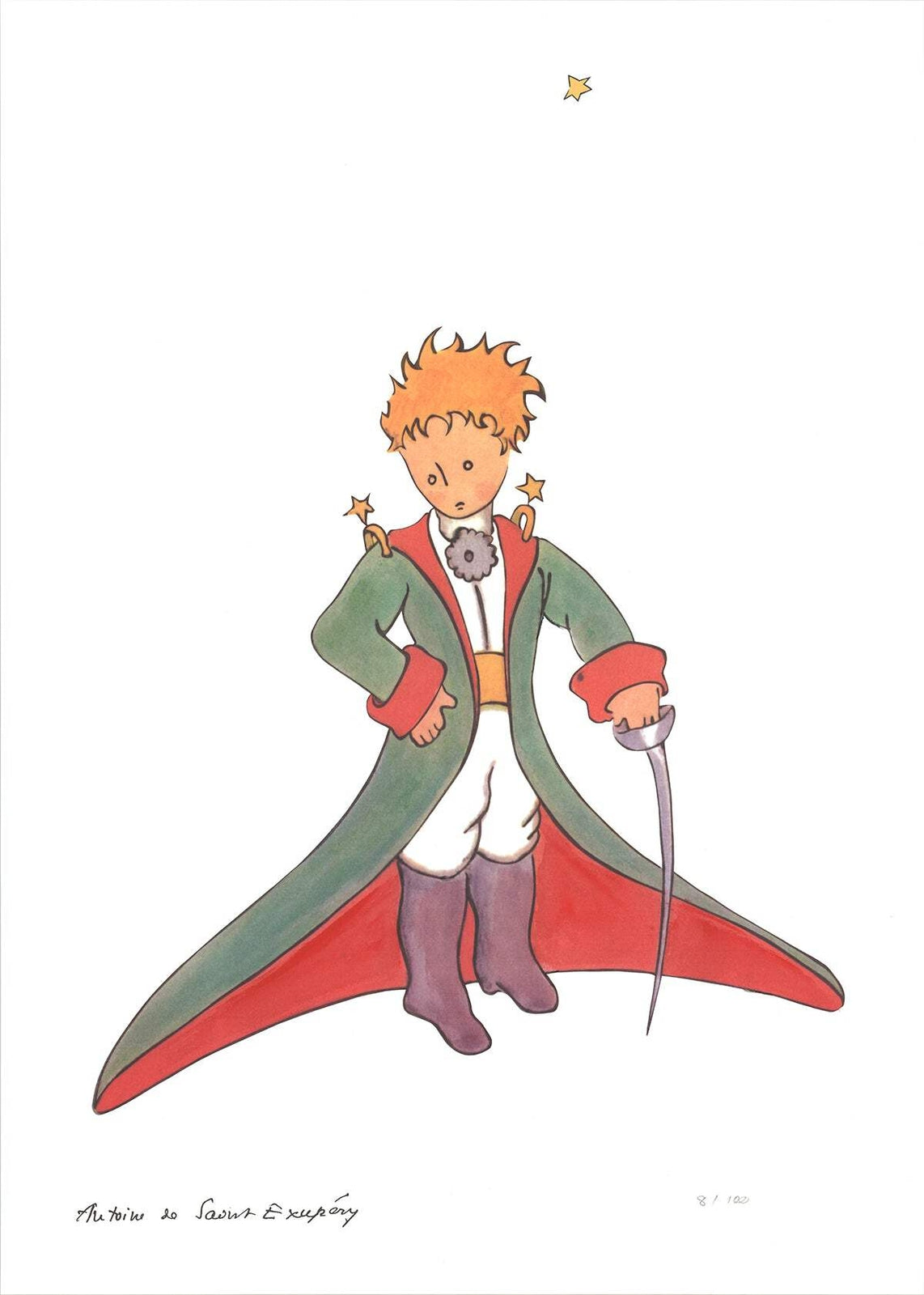 Antoine De Saint Exupery The Little Prince And Red Cape " Lithograph