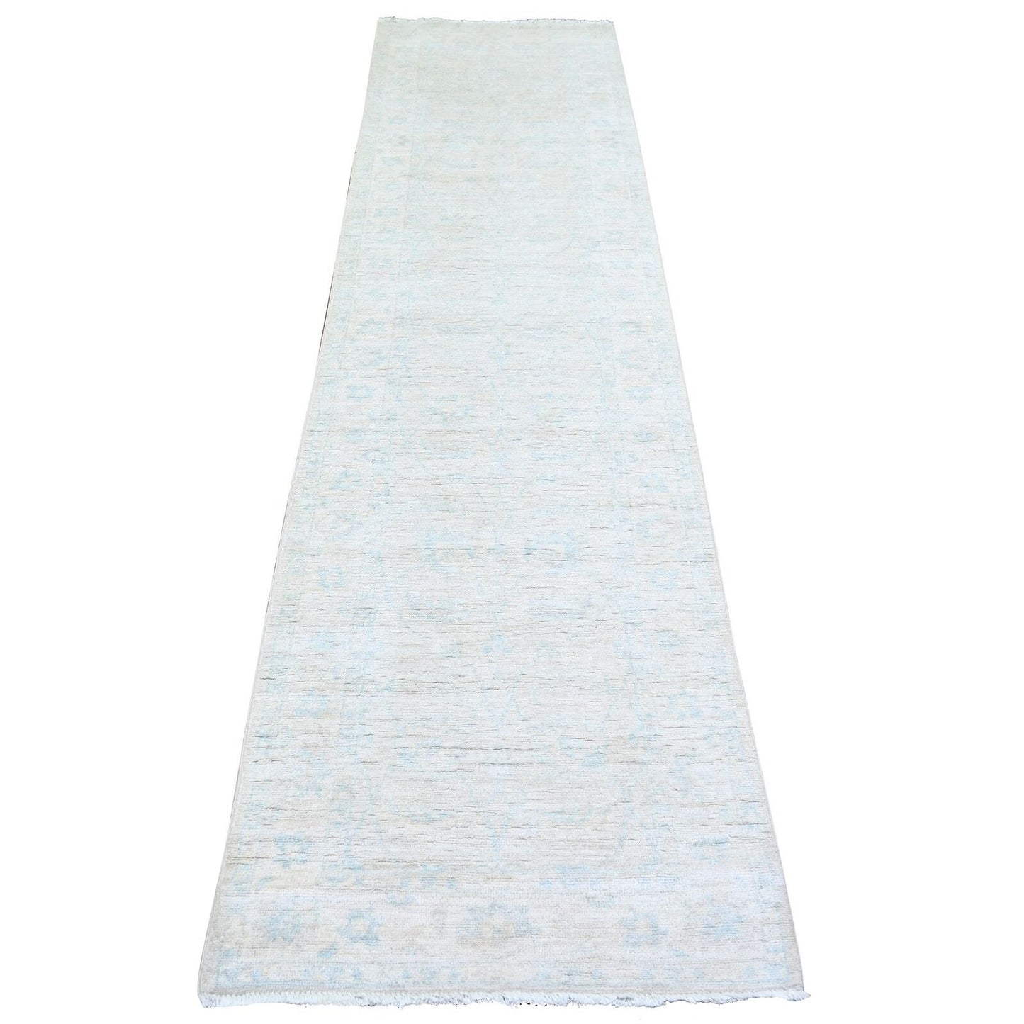 2'5"X9'6" Delicate White Washed Out Peshawar Wool Hand Knotted Runner Rug