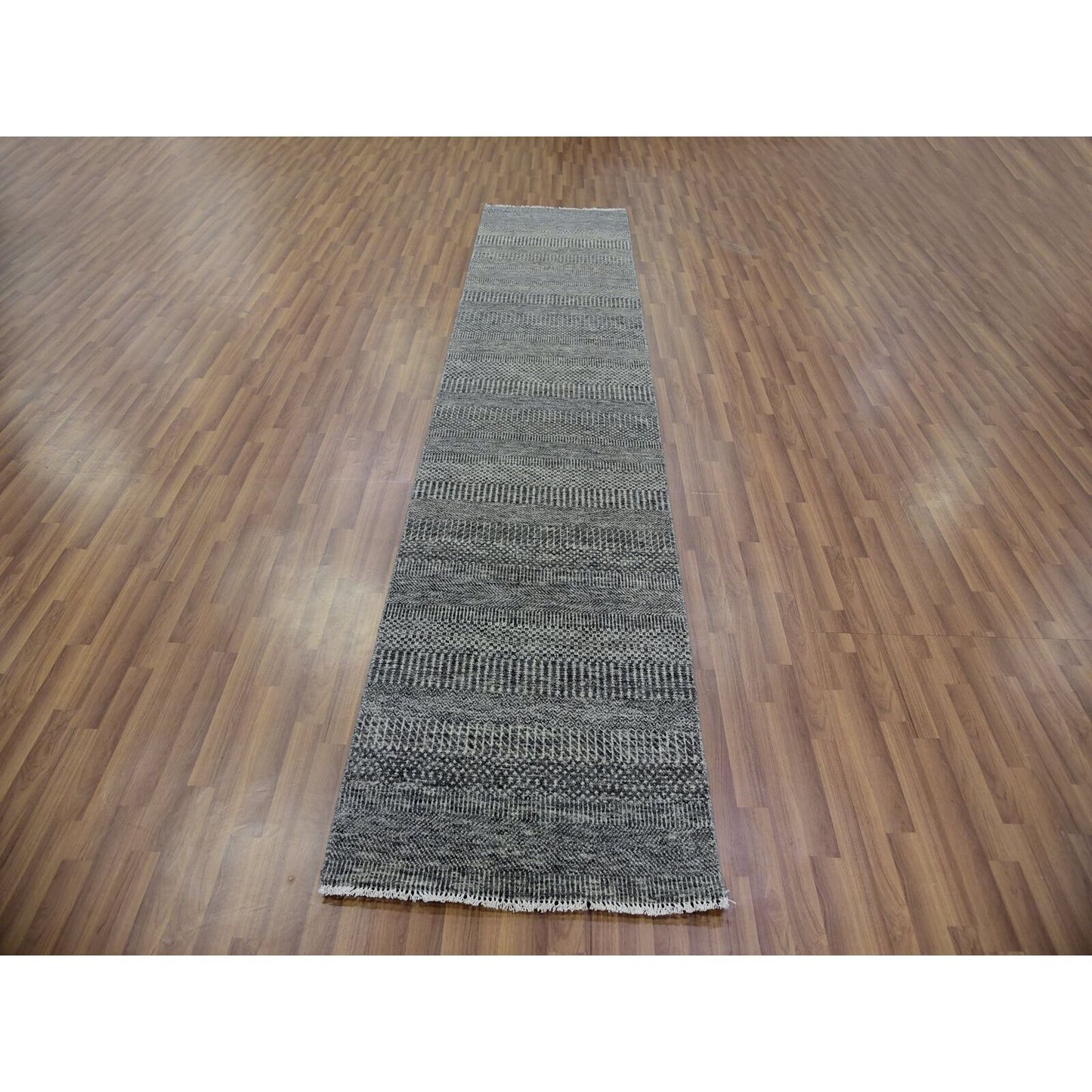 2'7"X11'8" Flint Gray Hand Knotted Grass Design Undyed Wool Runner Rug