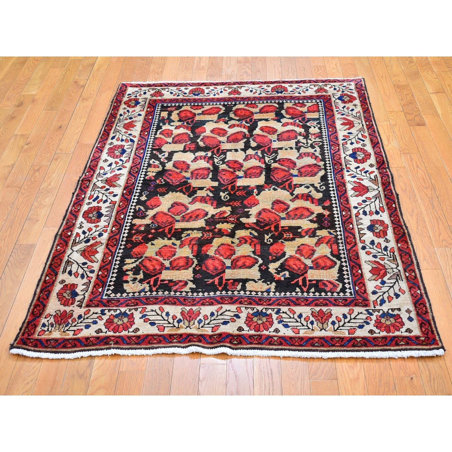 4'5"X6'1" Beige Old Farsian Karabakjon Clean Pure Wool Hand Knotted Rug