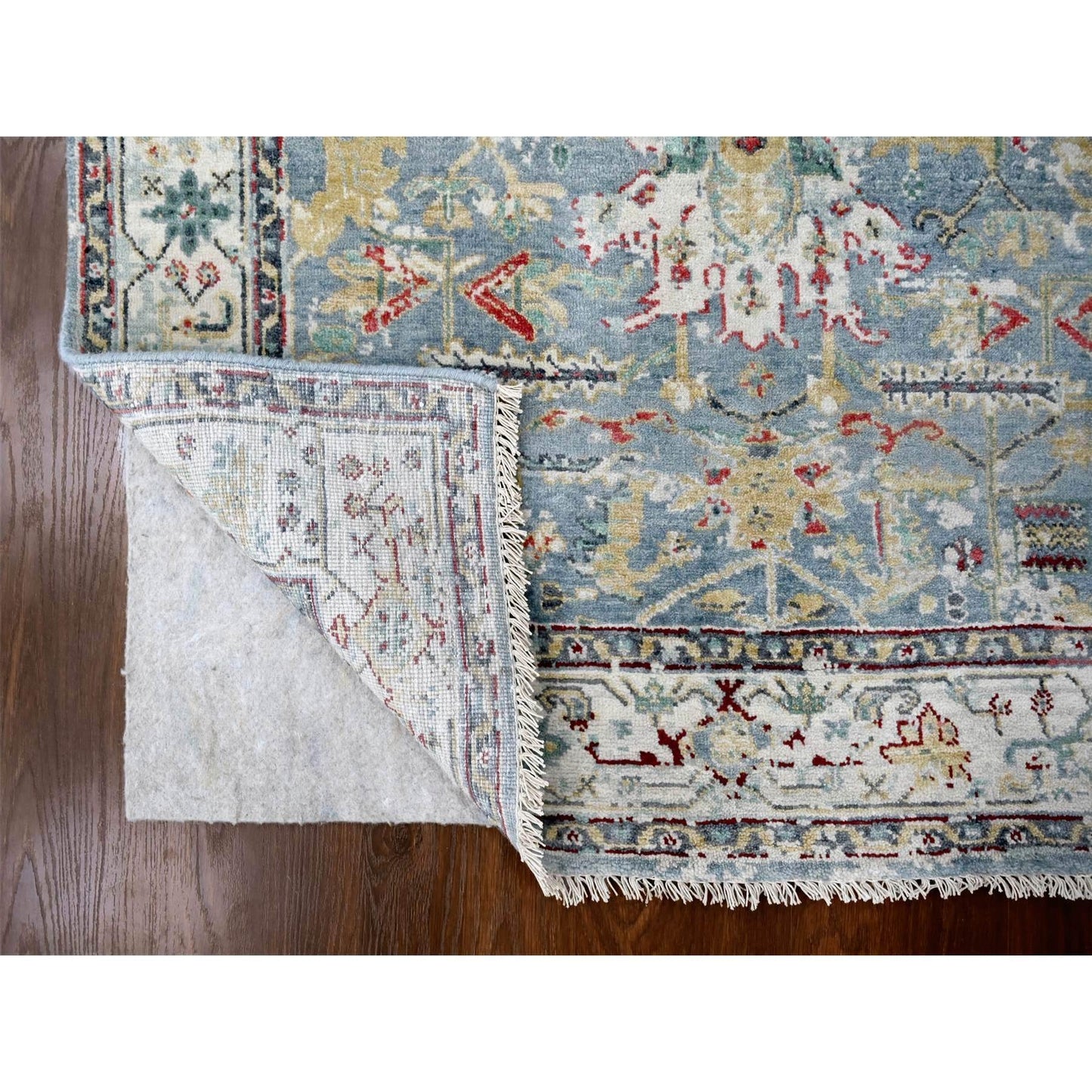 4'X5'9" Blue Wool Broken And Erased Zoroastrian Heris Hand Knotted Rug