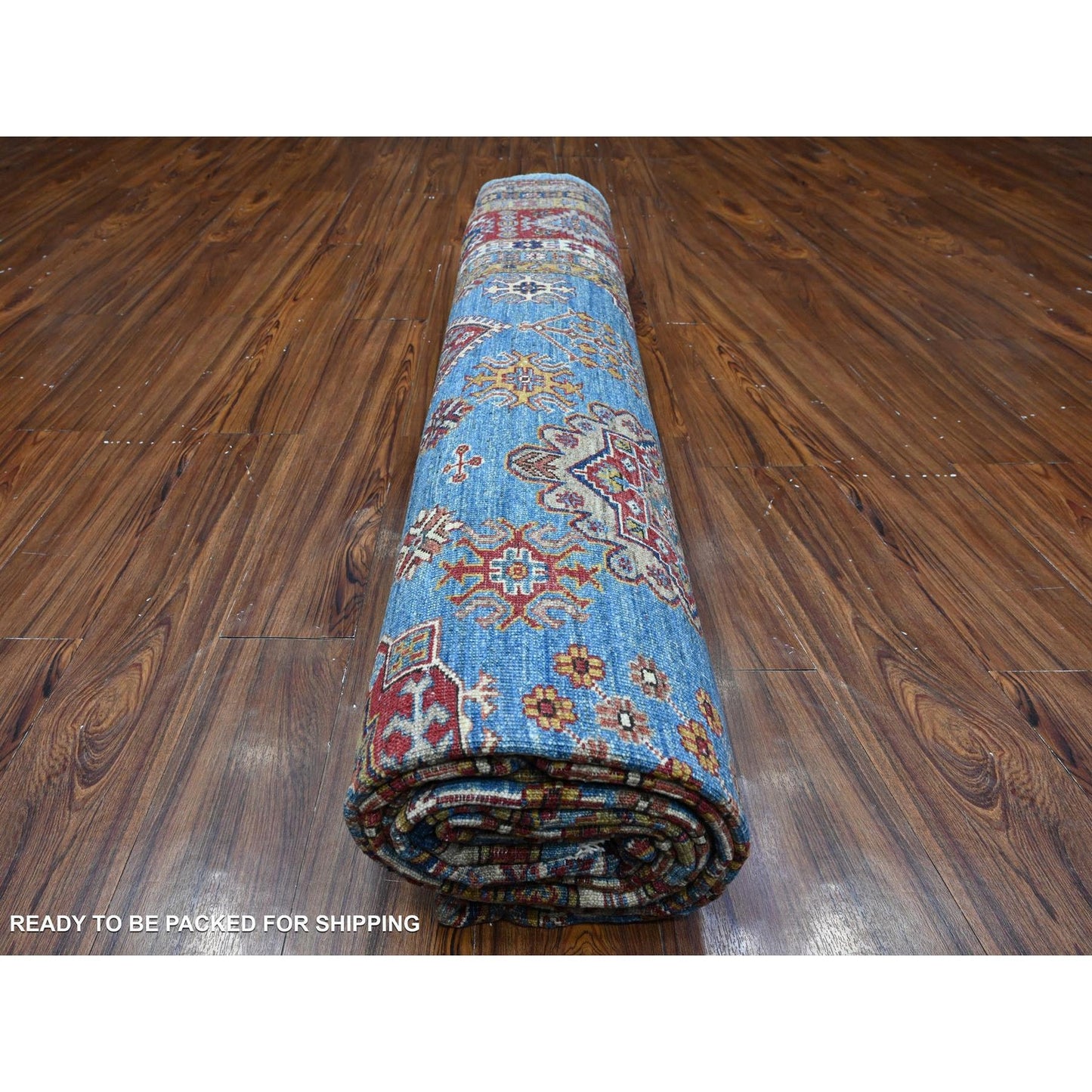 10'2"X13'8" Blue Hand Knotted Super Kazak All Over Motifs Oriental Rug