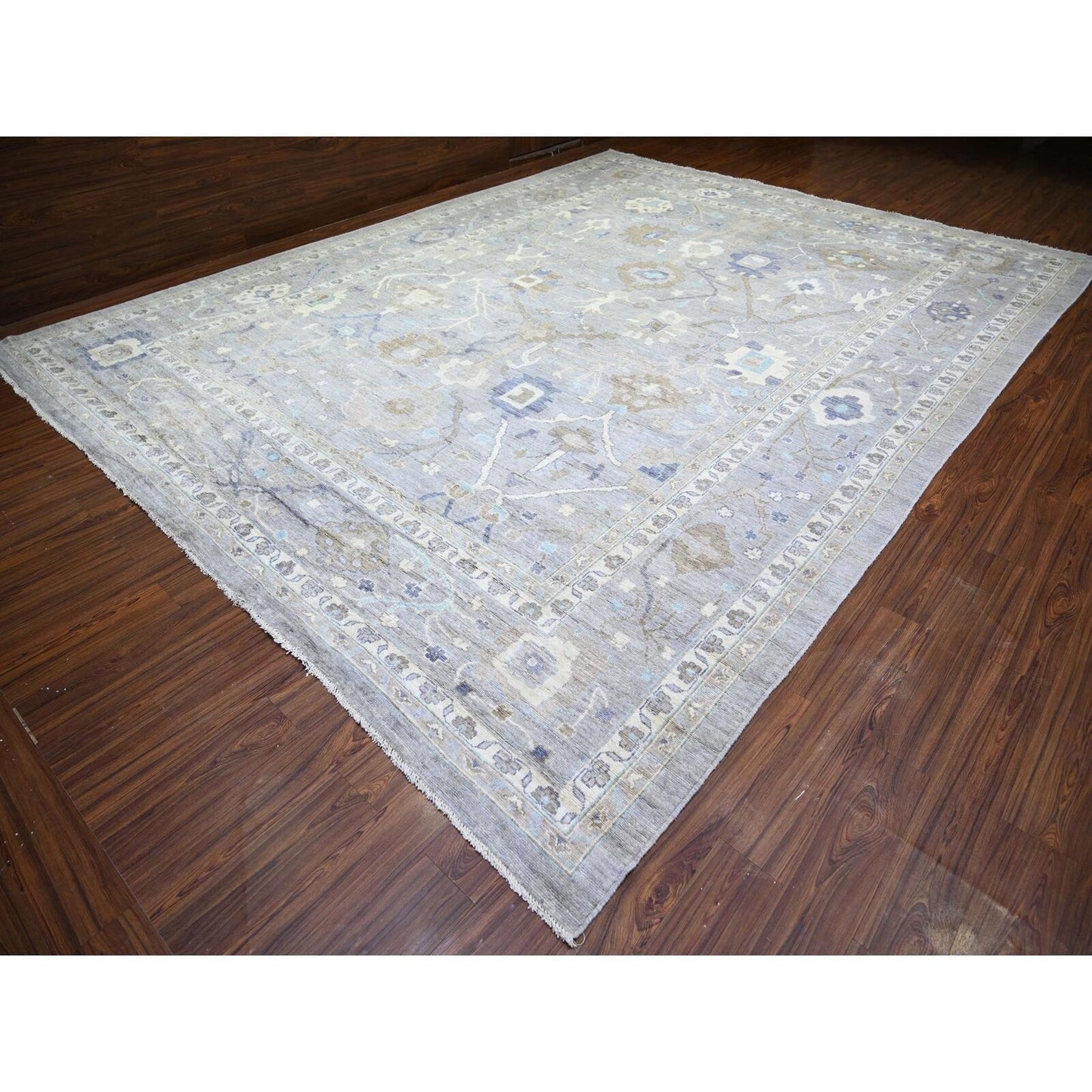 12'X15'6" Gray Hand Knotted Afghan Angora Oushak Pure Wool Oversized Rug