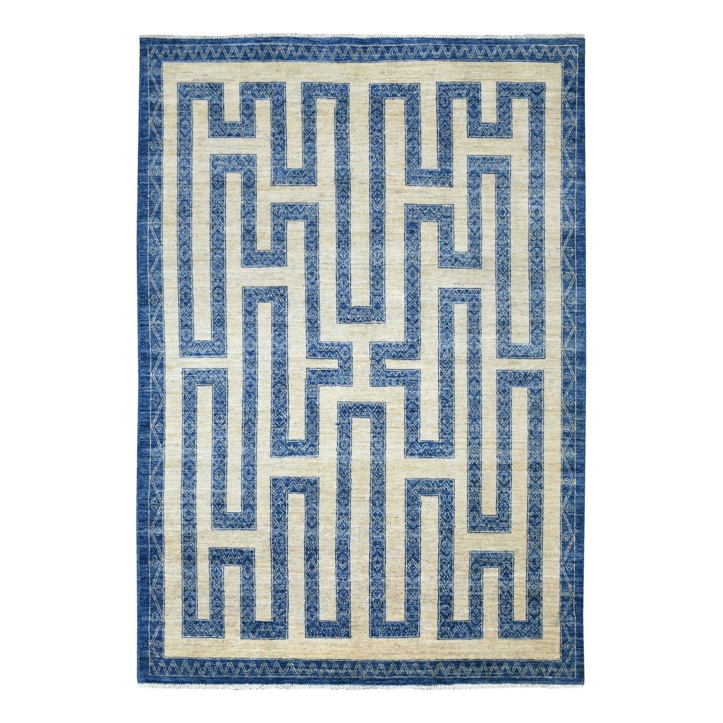 5'10"X8'9" Soft Wool Hand Knotted Denim Blue Maze Design Rug