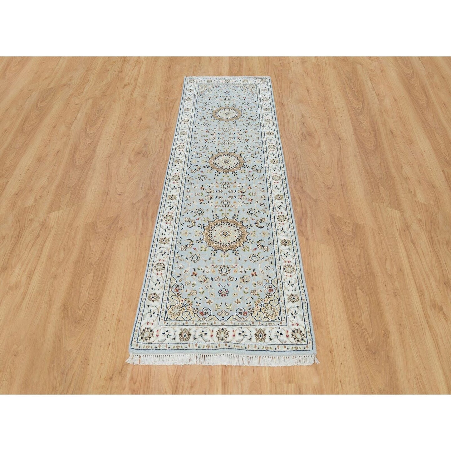 2'9"X8'4" Blue 250 Kpsi Soft Wool Hand Knotted Nain Design Runner Rug