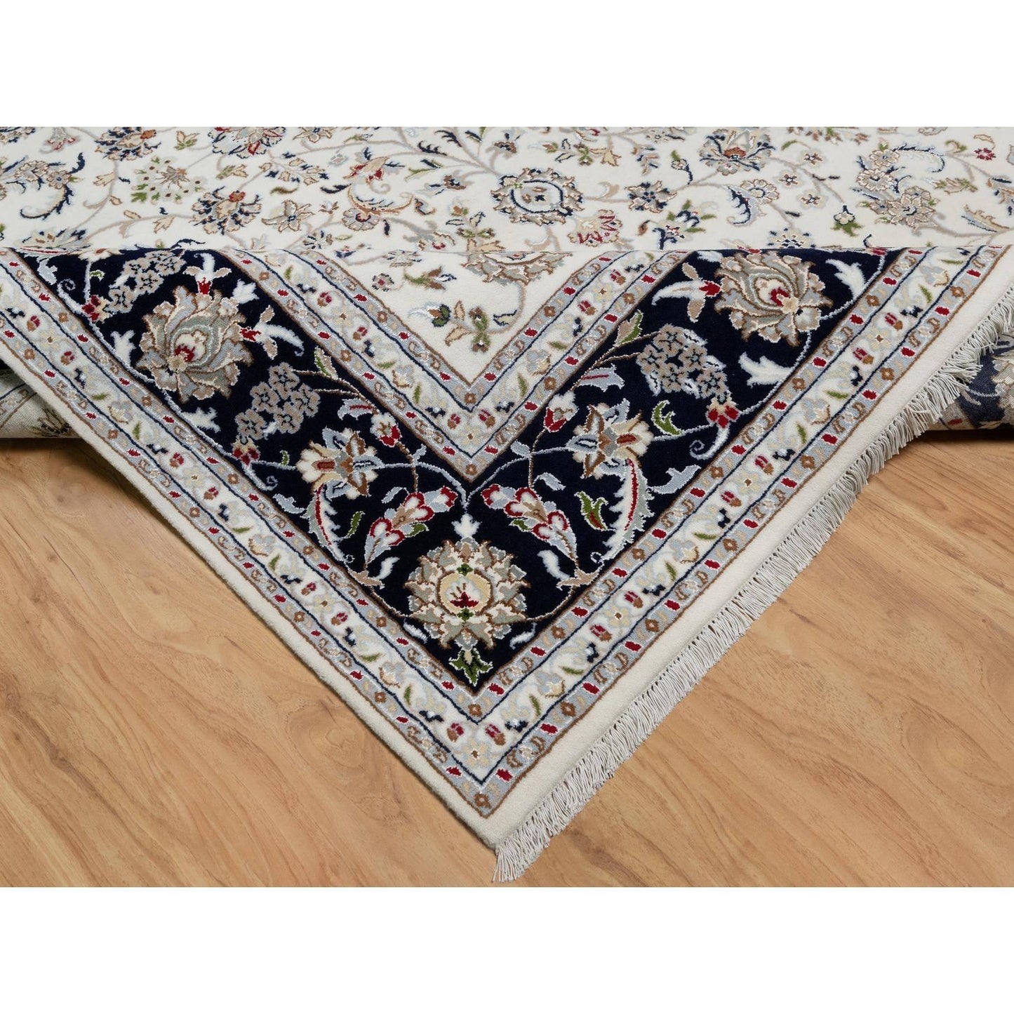 7'10"X10' White Hand Knotted Nain With Flower Design Wool And Silk Rug
