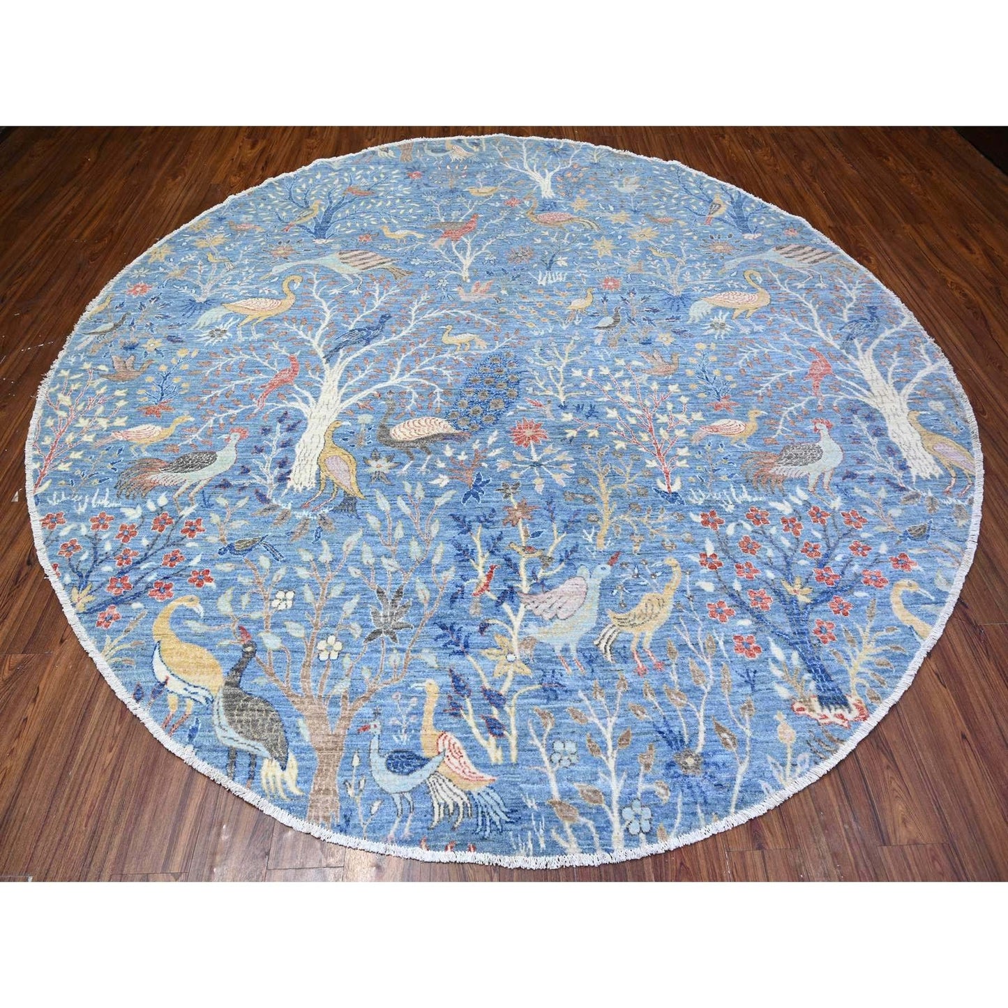 10'4"X10'4" Blue Hand Knotted Organic Wool Afghan Peshawar Round Rug