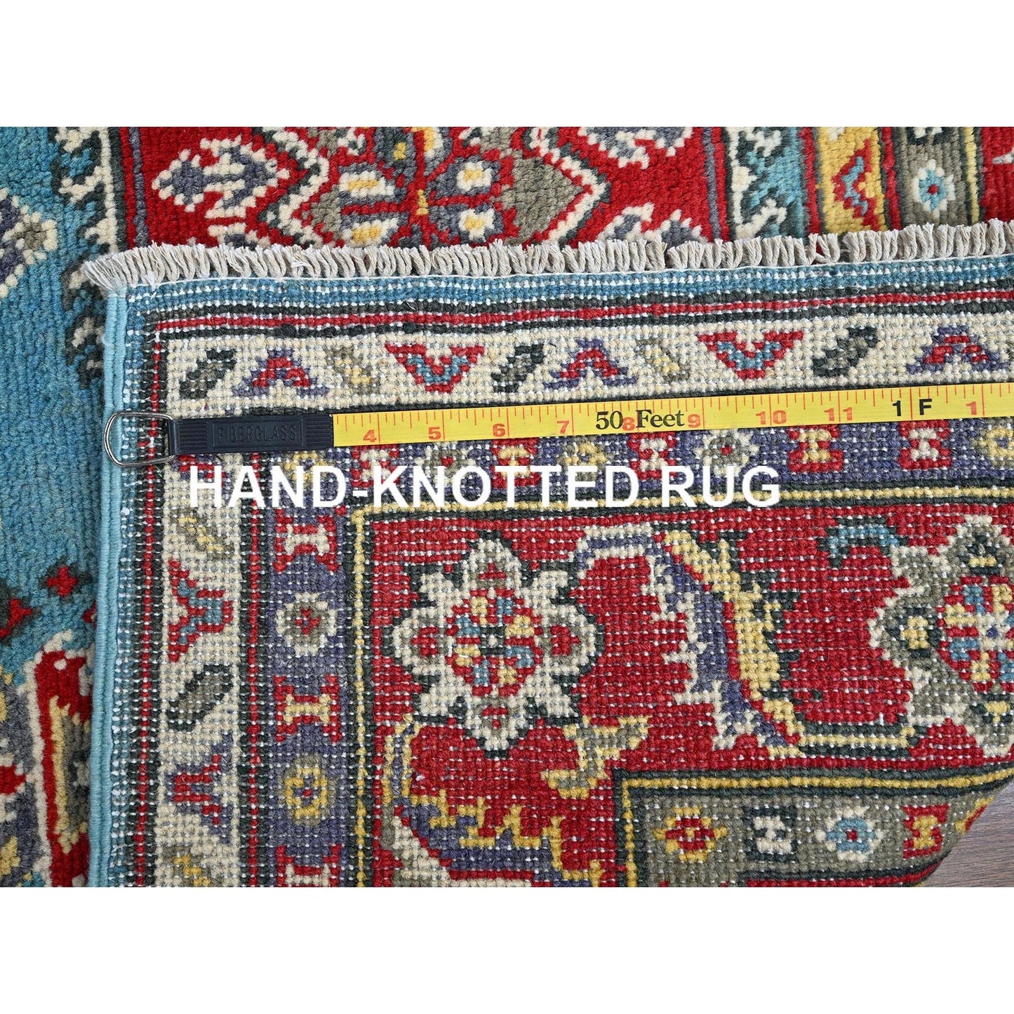 4'1"X5'10" Blue Kazak Geometric Medallions Design Hand Knotted All Wool Rug