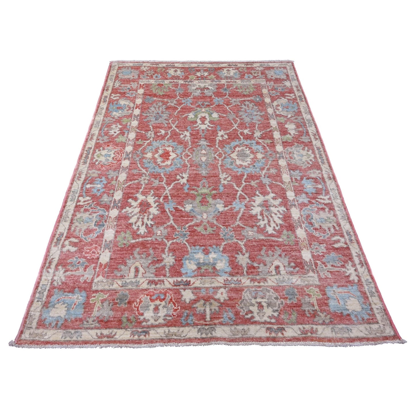 5'X6'10" Red Afghan Angora Oushak Leaf Design Hand Knotted 100% Wool Rug