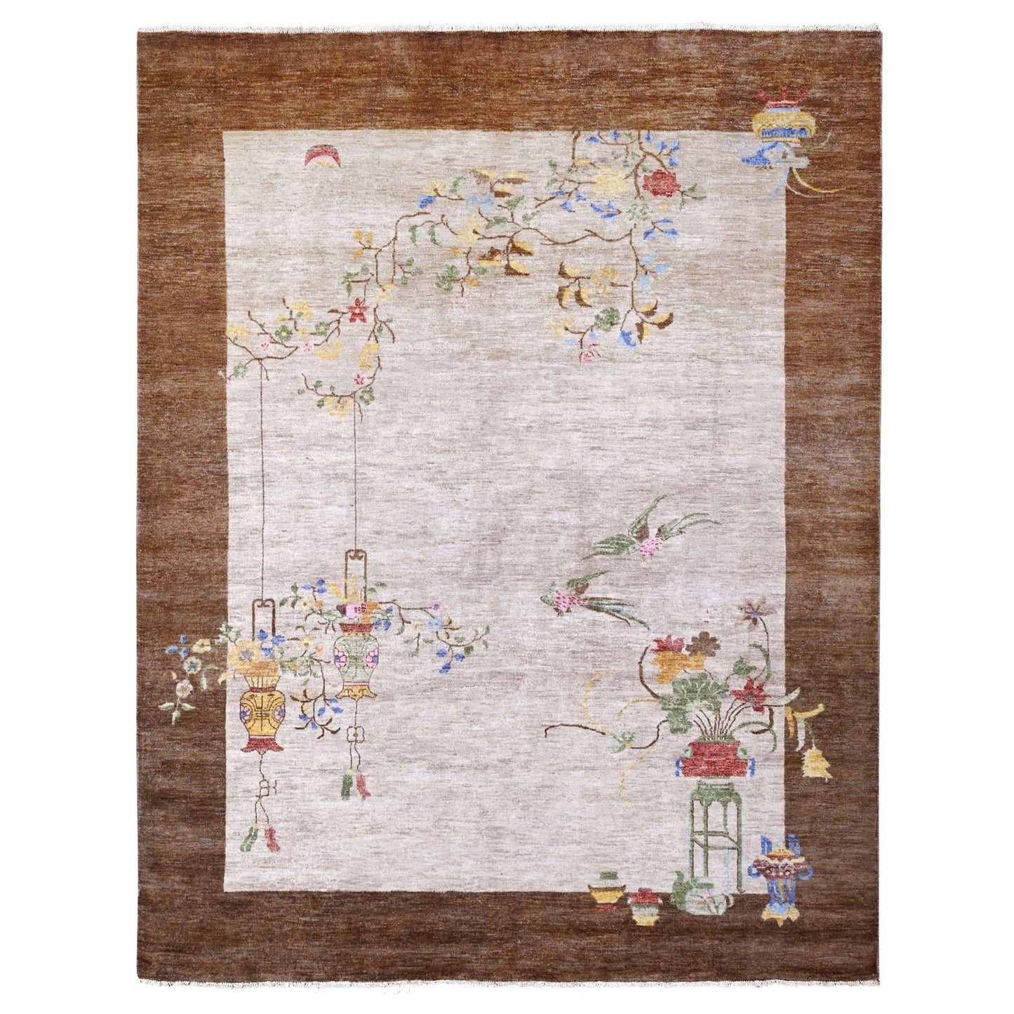 7'10"X10'1" White Chinese Art Deco Inspire Peshawar Hand Knotted Wool Rug