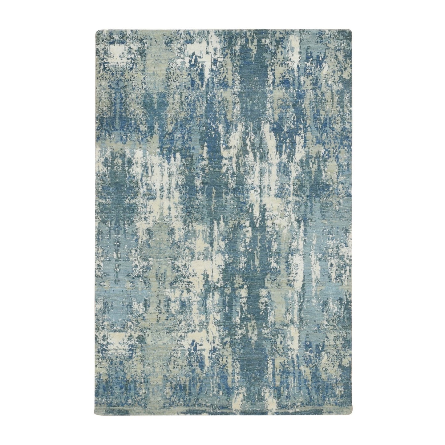 4'1"X6'2" Light Blue Hand Knotted Abstract Design Pure Silk And Wool Rug