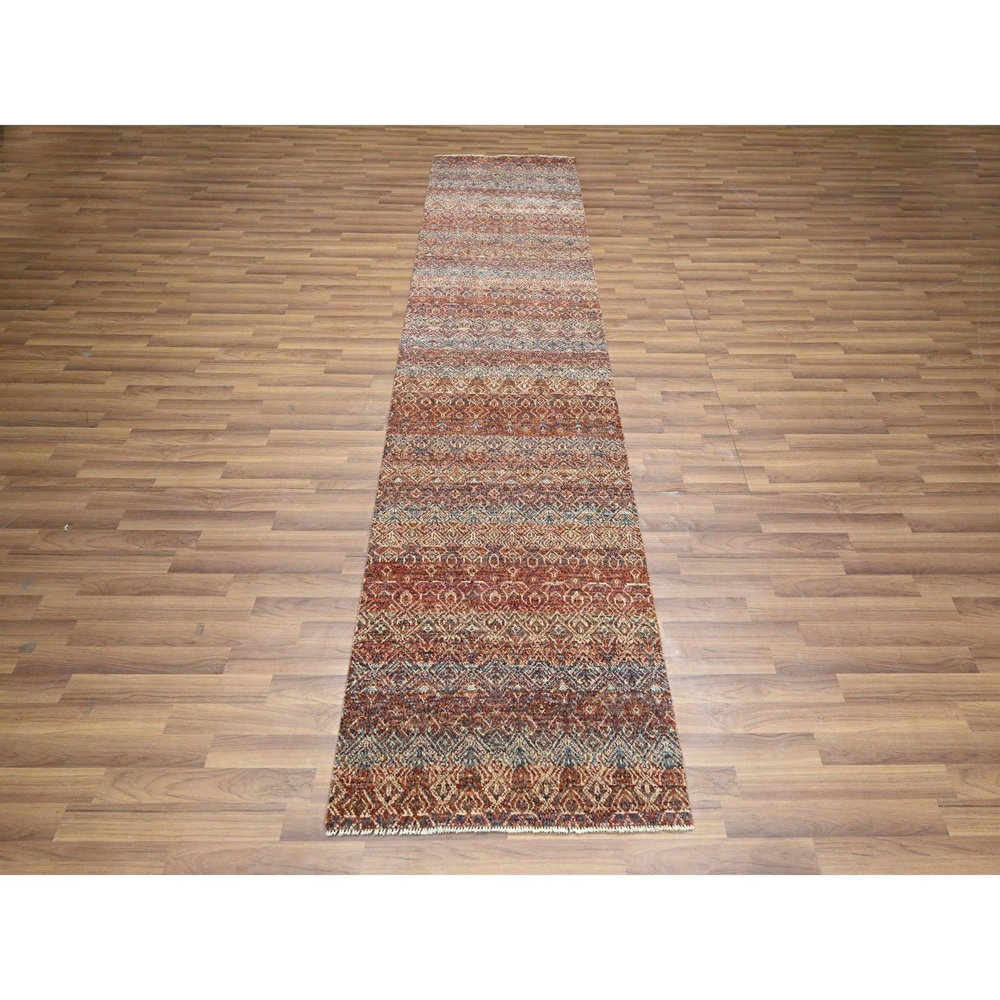 2'7"X10' Red Small Geometric Design Soft Wool Hand Knotted Runner Rug