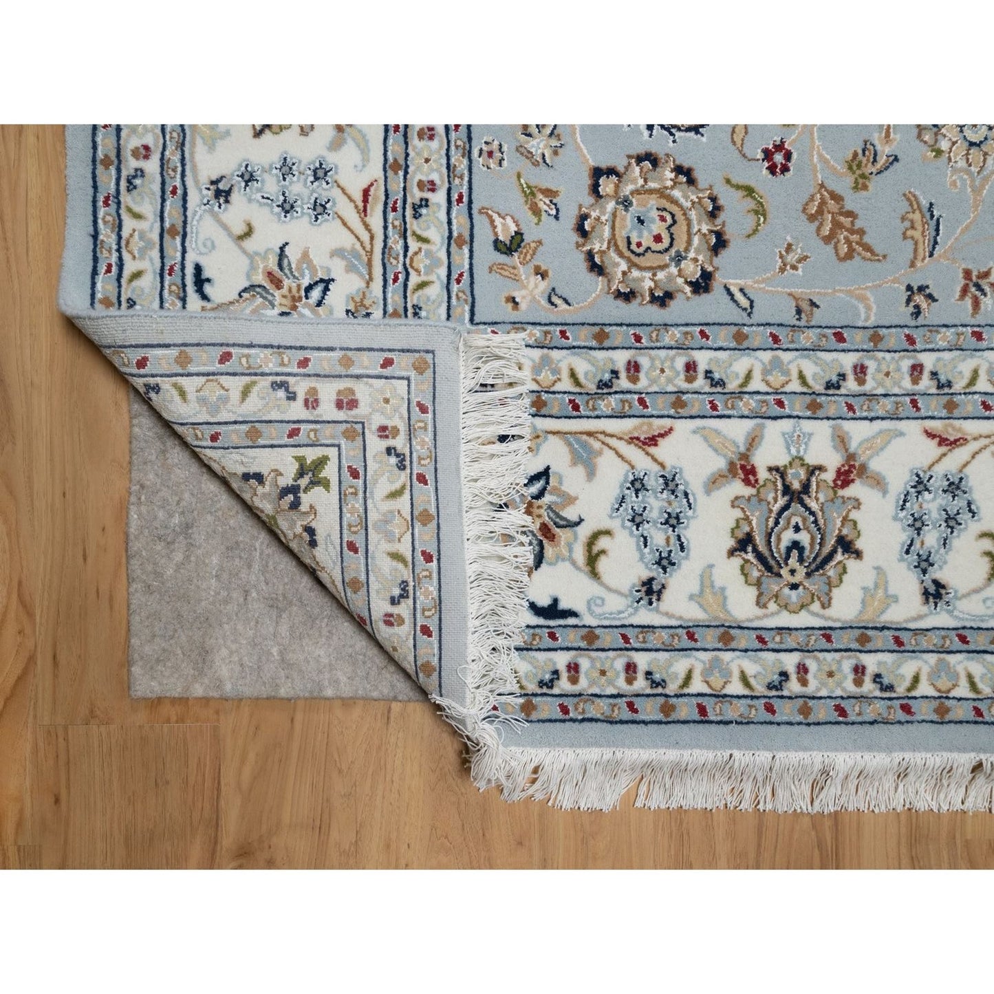 8'2"X10'5" Slate Blue Nain Flower Design Hand Knotted Wool And Silk Rug