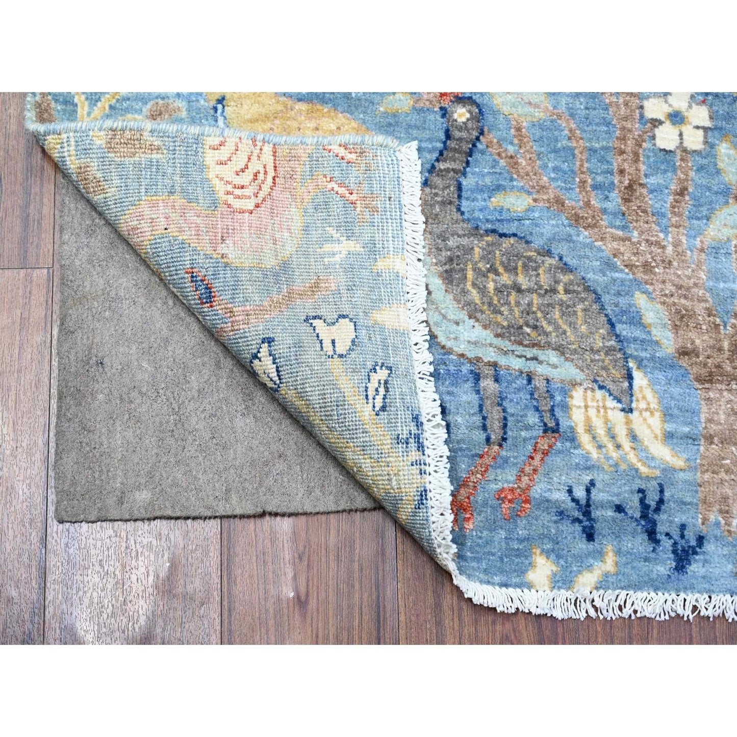 3'X10'2" Blue Peshawar Birds Of Paradise Wool Hand Knotted Runner Rug