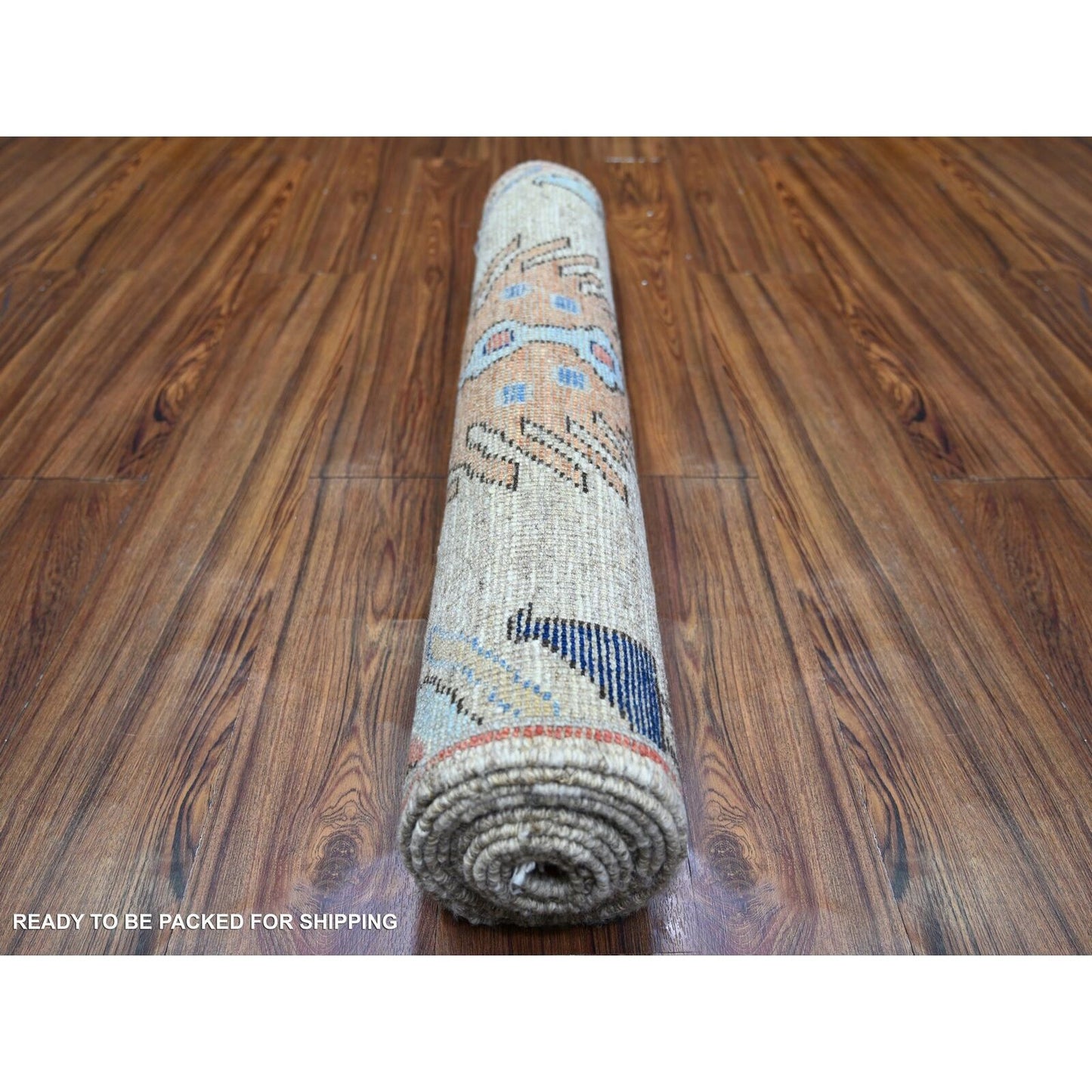 2'10"X9'7" Tan Color Anatolian Village Inspired Wool Hand Knotted Rug