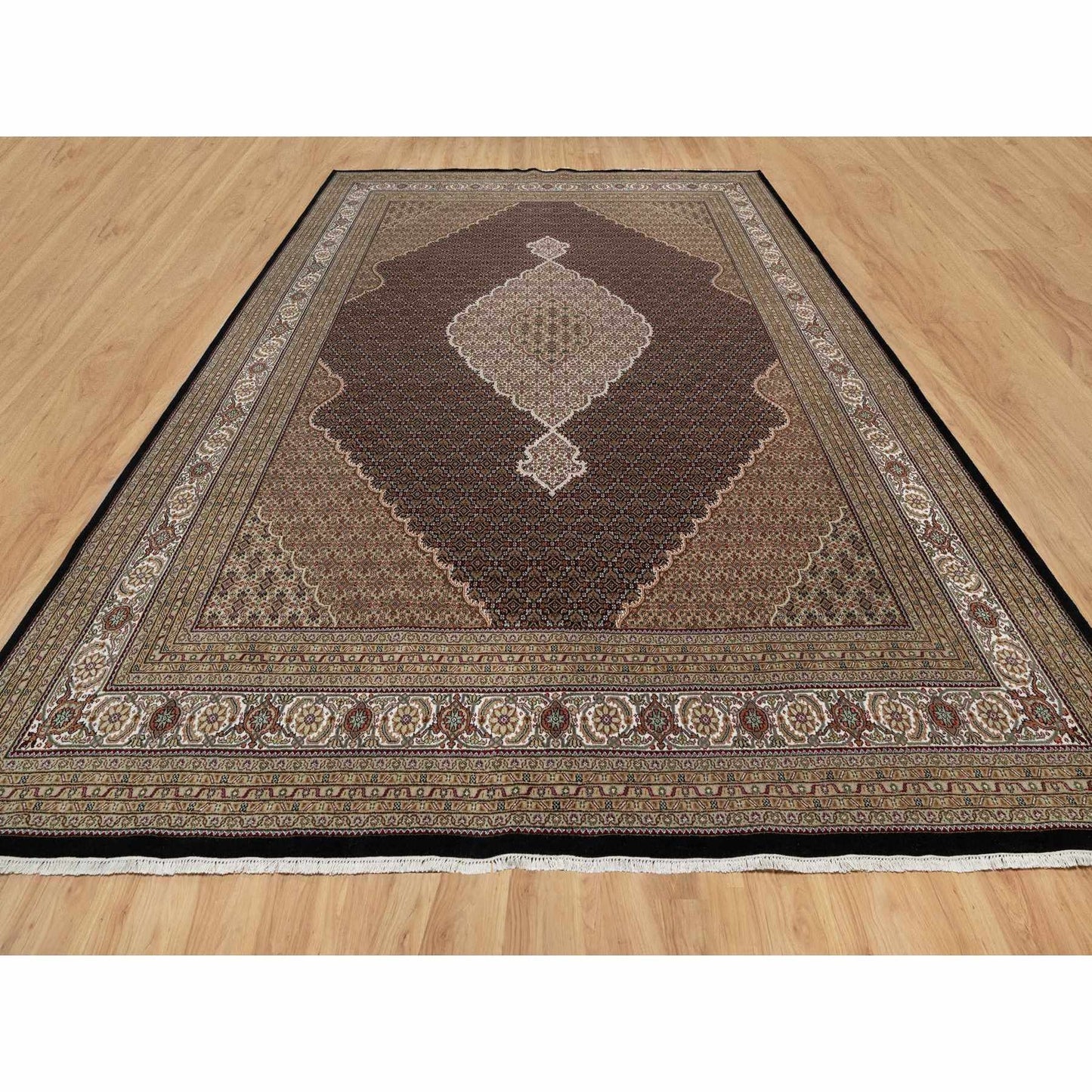 11'8"X15'2" Black Hand Knotted Tebraz Mahi Fish Design Wool Oversized Rug