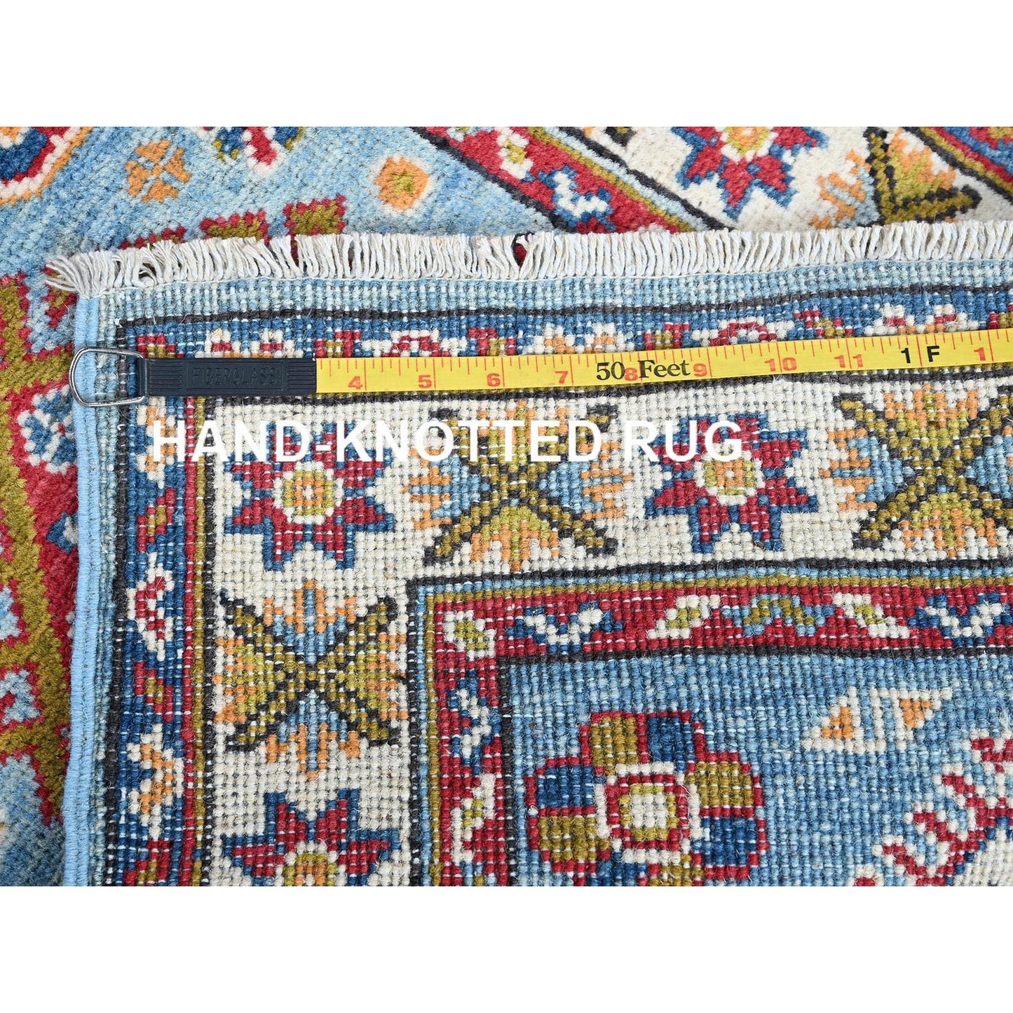 2'1"X5'9" Blue Kazak Geometric Design Hand Knotted Soft Wool Runner Rug