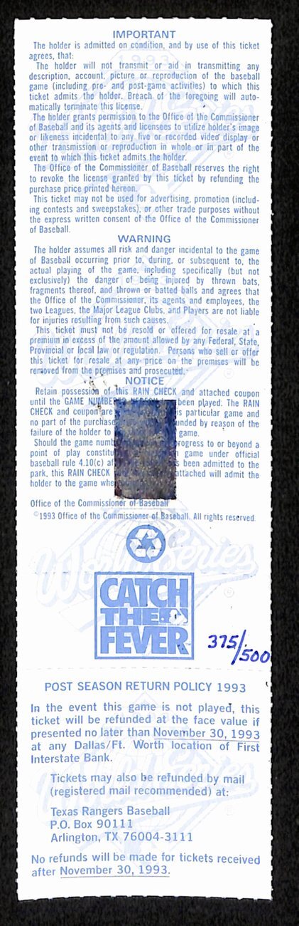 Nolan Ryan Rangers Signed 1993 World Series Game