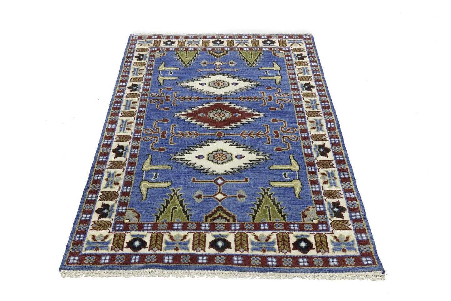 Hand-Knotted Kazak Oriental Rug 4X6 Ft Blue