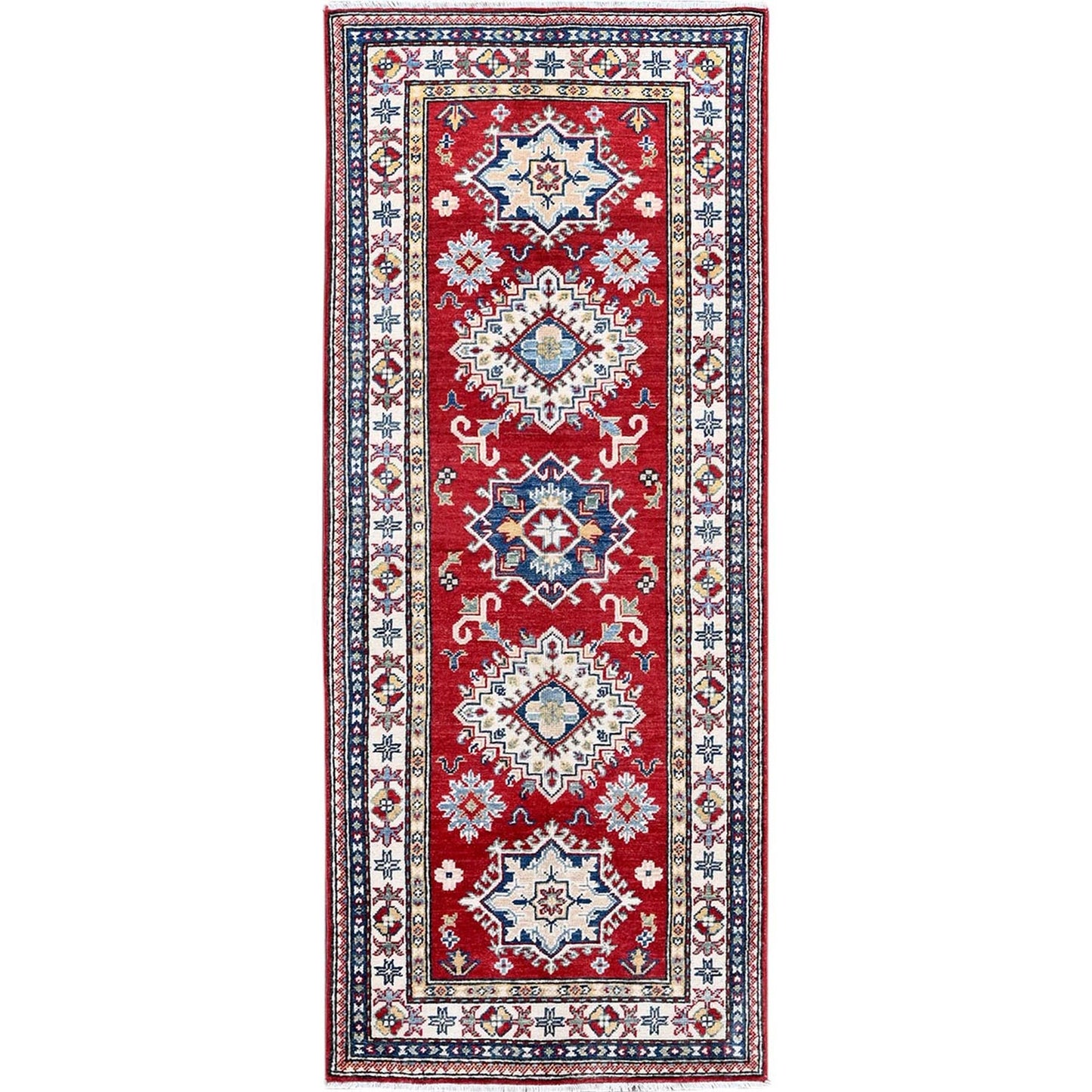 2'6"X6'3" Red Kazak With Medallions Design All Wool Hand Knotted Runner Rug