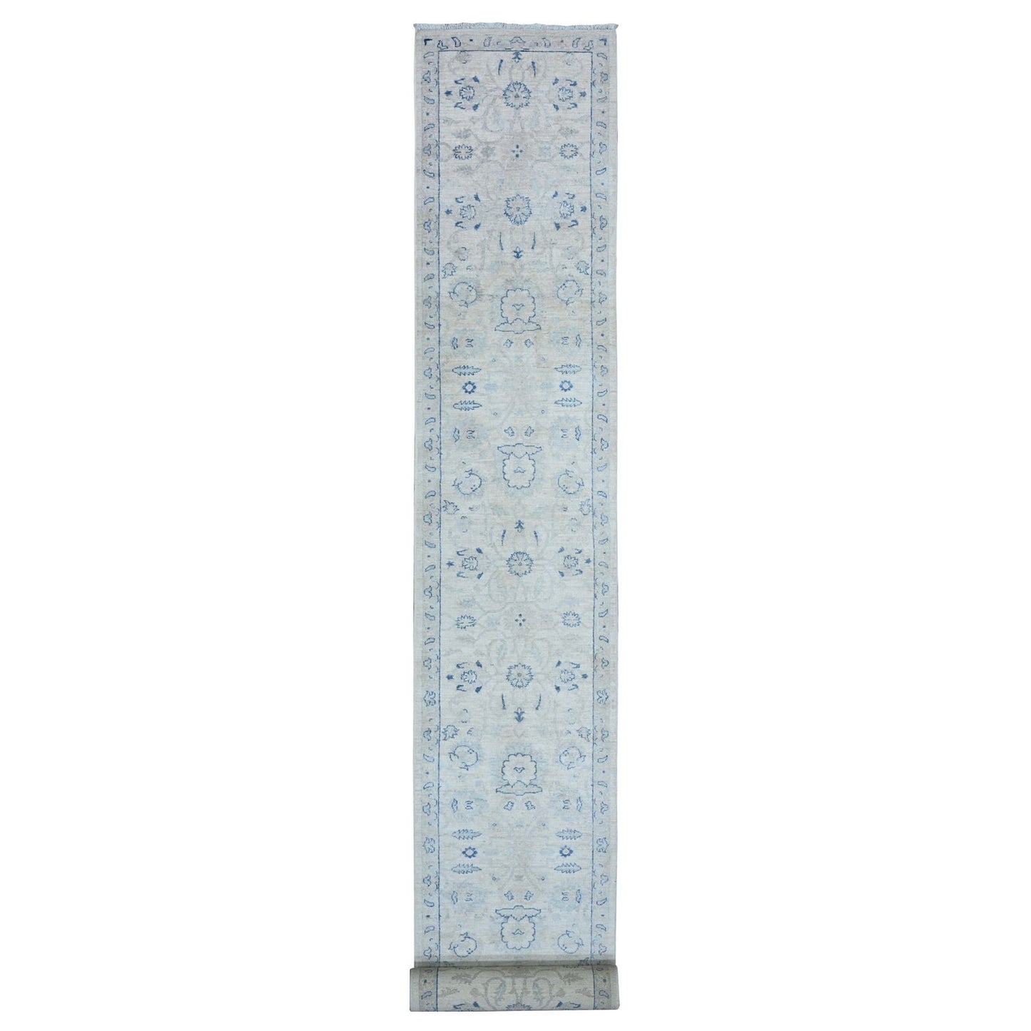 2'6"X19'5" Ivory Hand Knotted Wool White Wash Peshawar Xl Runner Rug